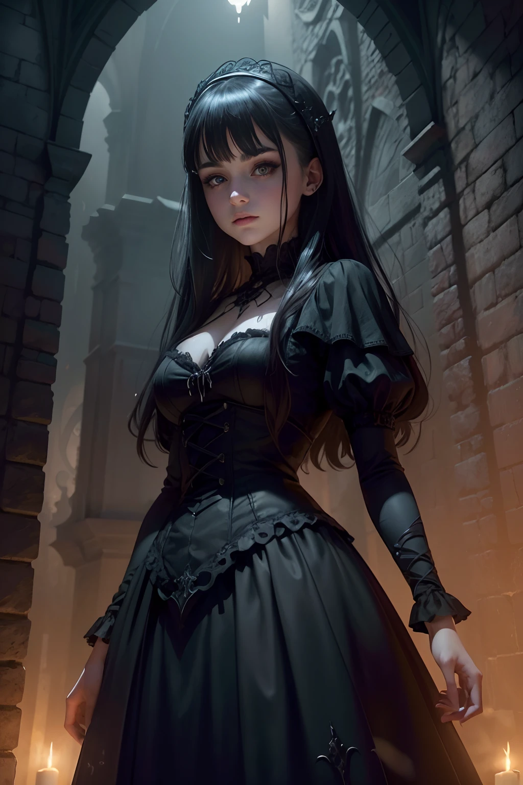 This Best Illustration depicts a medium shot of a girl with a tall and mature body, wearing a gothic-style dress. The image is rendered in 8k resolution, showcasing intricate details and the utmost quality. The artwork is realistic and ultra-detailed, featuring the best lighting and shadows in Ultra HD. The scene is set at night, with dark magical auras enveloping the girl. The dark theme is enhanced by the presence of vampire elements, such as bat wings and bats flying around. The atmosphere is further intensified with fog, blood splashes on the ground, a blood moon, and a red sky. The girl's eyes shine with a captivating red glow, and blood is depicted on her body, face, and eyes, adding to the mysterious allure. This masterpiece image showcases a beautiful face with the Tyndall effect and high-detailed skin, creating a photo-realistic appearance. Captured with a DSLR camera, the photograph offers a high-resolution result, be it 8k or higher. The composition includes a gothic-style castle background, further enhancing the dark and atmospheric setting. In conclusion, this highly-detailed artwork captures the essence of a vampire girl with a tall, mature body, and a gothic style dress. The image is rendered in 8k resolution, showcasing intricate details and the best quality. The use of lighting, shadows, and dark elements creates a captivating and mysterious atmosphere. The girl's shining red eyes and blood accents add to her allure, while the gothic-style castle background completes the composition. This image stands as a masterpiece, providing a photo-realistic and visually stunning portrayal of a dark and enchanting character. teen Emma Watson