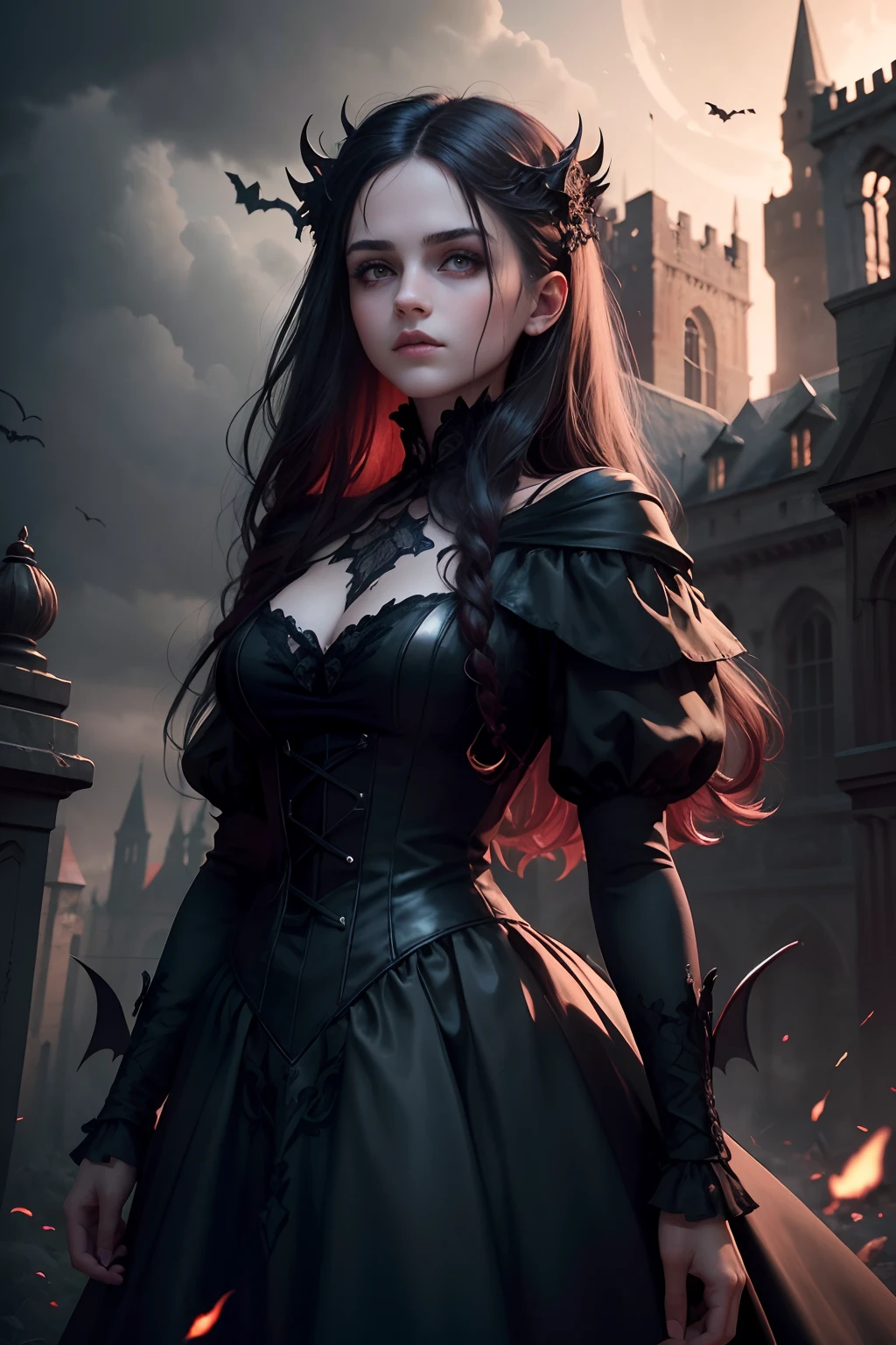 This Best Illustration depicts a medium shot of a girl with a tall and mature body, wearing a gothic-style dress. The image is rendered in 8k resolution, showcasing intricate details and the utmost quality. The artwork is realistic and ultra-detailed, featuring the best lighting and shadows in Ultra HD. The scene is set at night, with dark magical auras enveloping the girl. The dark theme is enhanced by the presence of vampire elements, such as bat wings and bats flying around. The atmosphere is further intensified with fog, blood splashes on the ground, a blood moon, and a red sky. The girl's eyes shine with a captivating red glow, and blood is depicted on her body, face, and eyes, adding to the mysterious allure. This masterpiece image showcases a beautiful face with the Tyndall effect and high-detailed skin, creating a photo-realistic appearance. Captured with a DSLR camera, the photograph offers a high-resolution result, be it 8k or higher. The composition includes a gothic-style castle background, further enhancing the dark and atmospheric setting. In conclusion, this highly-detailed artwork captures the essence of a vampire girl with a tall, mature body, and a gothic style dress. The image is rendered in 8k resolution, showcasing intricate details and the best quality. The use of lighting, shadows, and dark elements creates a captivating and mysterious atmosphere. The girl's shining red eyes and blood accents add to her allure, while the gothic-style castle background completes the composition. This image stands as a masterpiece, providing a photo-realistic and visually stunning portrayal of a dark and enchanting character. teen Emma Watson