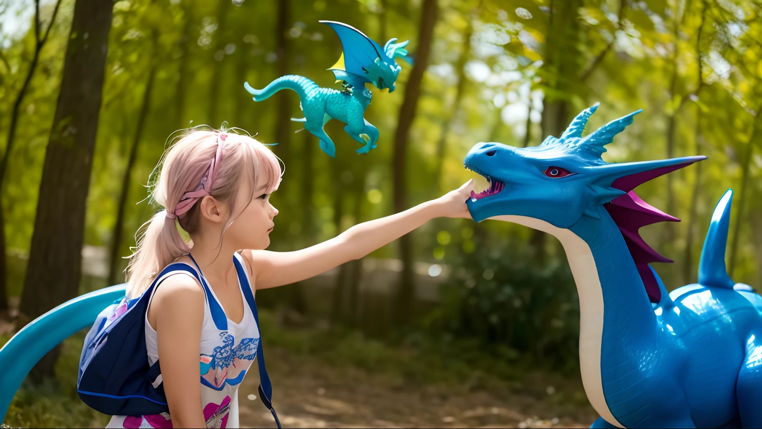 Next to a girl flies a little blue dragon