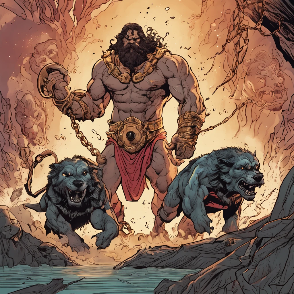 Hercules drags with a chain the colossal cerberus with 3 heads attached to the same body, en un lugar con fuego y humo