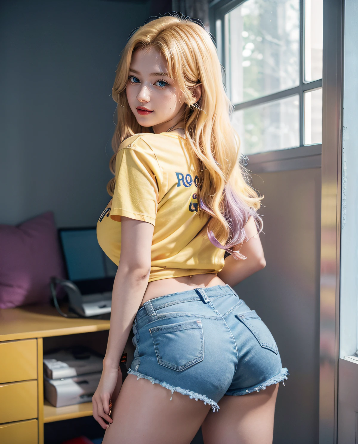 1girl, (Blue Eyes), smiling, (Sana Minatozaki), wide hips, Big Boobs, big ass, (Best Quality, 8k, Masterpiece: 1.3), Clear Focus: 1.2, Perfect Body Beauty: 1.4, Slender Abs: 1.2, Highly detailed face and skin texture, detailed eyes, double eyelids, red lips (long blonde hair), (violet, yellow t-shirt), (shorts jeans), (sneakers), standing, look back, age girl room, teddies