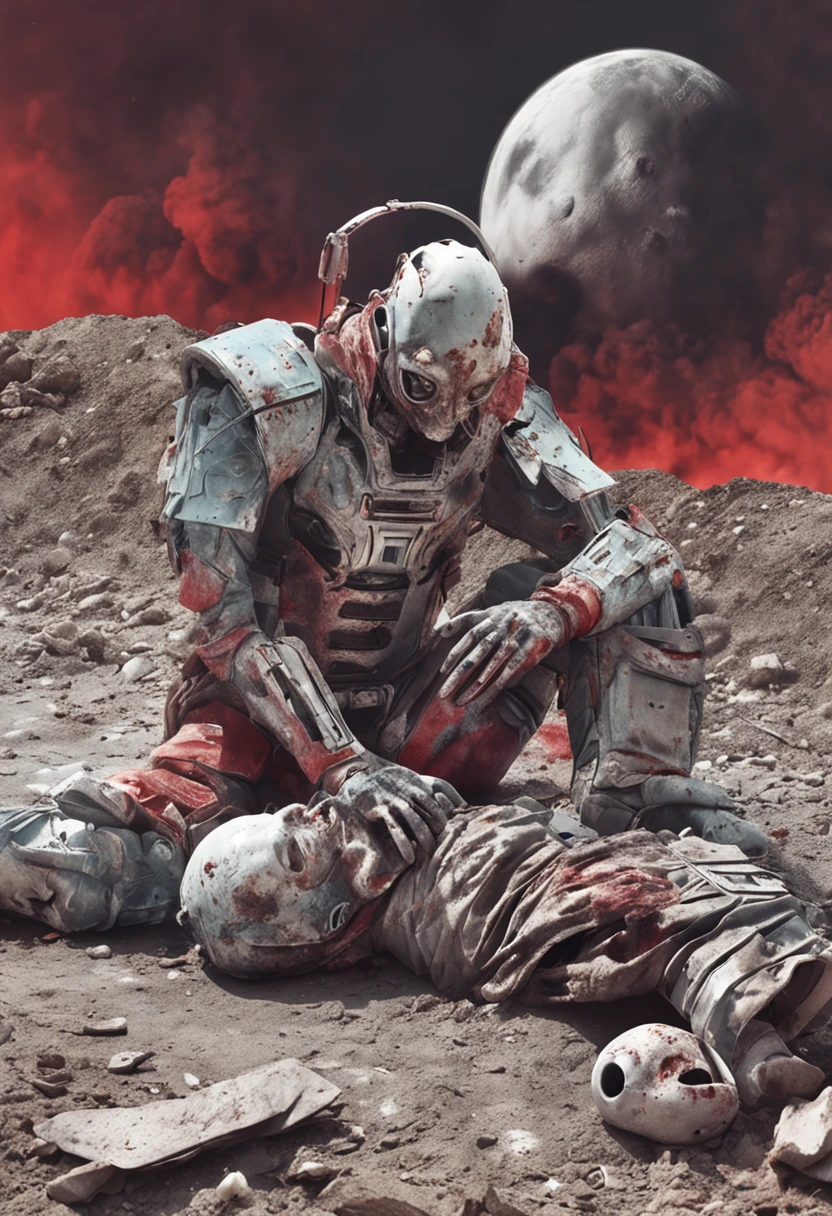 A humanoid alien man with red skin lying on the ground in a war scenario. The ground is full of rubble and he is badly bruised. He's lying on the ground with a lot of rubble. There was an explosion and he's injured. The clothes are torn.