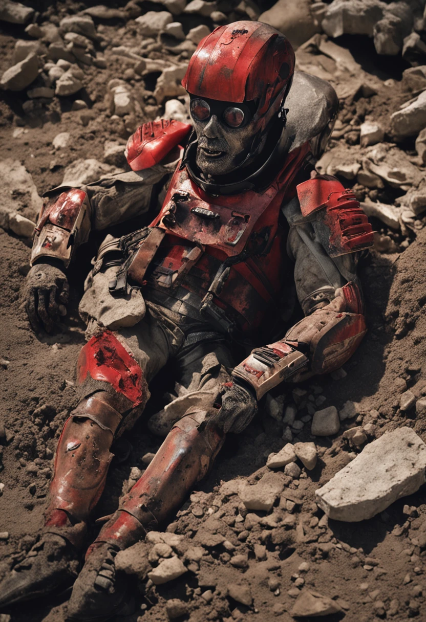 A humanoid alien man with red skin lying on the ground in a war scenario. The ground is full of rubble and he is badly bruised. He's lying on the ground with a lot of rubble. There was an explosion and he's injured. The clothes are torn.