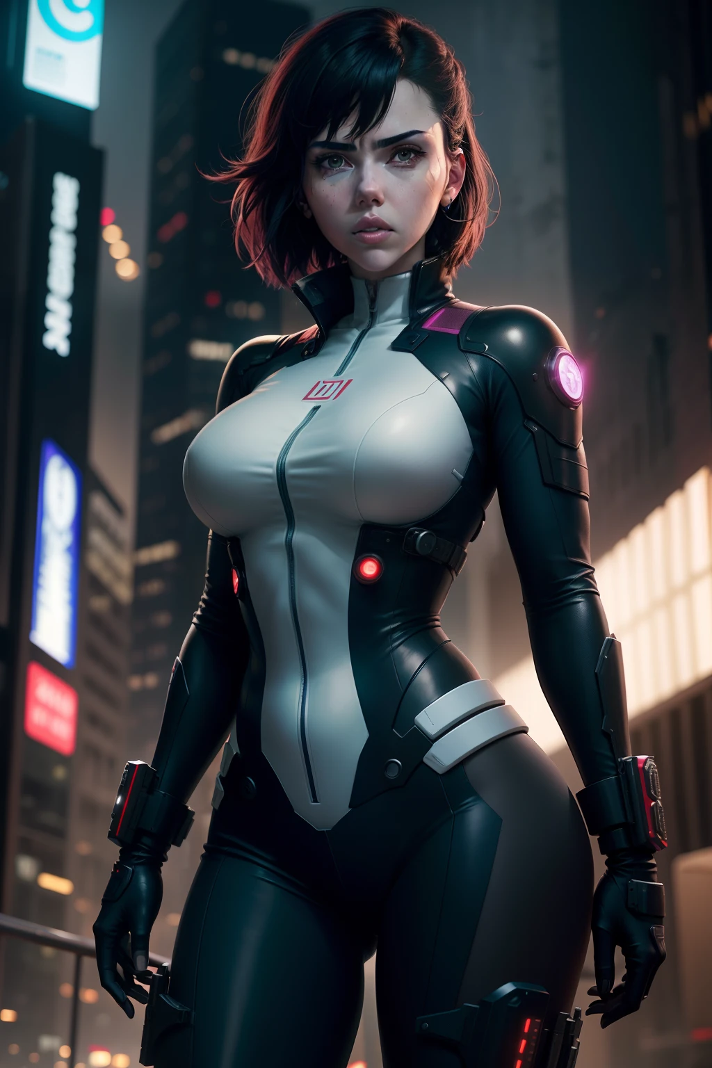 ((scarlett Johansson)), new york, tiem square, "Tomorrow's Watcher" seems to be a reference to the movie "Ghost in the Shell", where the protagonist is Major Motoko Kusanagi. She is a cyborg with a human mind in an artificial body, working in Public Safety's special operations unit. Motoko is known for her skill in hacking and combat, while questioning her own identity and humanity. With her strength and intellect, she faces technological and philosophical threats in a cyberpunk future, exploring themes of identity, conscience and ethics in a world dominated by advanced technology. Major Motoko Kusanagi, a character from the "Ghost in the Shell" universe, has a distinctive and iconic appearance. She is depicted as a beautiful young woman of average height, with a strong, slender, athletic figure. Her hair is normally short and a deep black color, although in some adaptations it can vary in length. perfect face, her eyes are often highlighted as a focal point, as they can be cybernetically altered to vary in color, pattern, and functionality such as zoom or infrared vision. Her skin is pale, often creating a stark contrast to her black hair. Motoko is often seen wearing tactical attire or futuristic clothing, reflecting her role as a member of a highly advanced special operations unit. These suits typically include pieces of light armor and integrated technology for combat and infiltration, in high resolution, detailed, HD Quality.