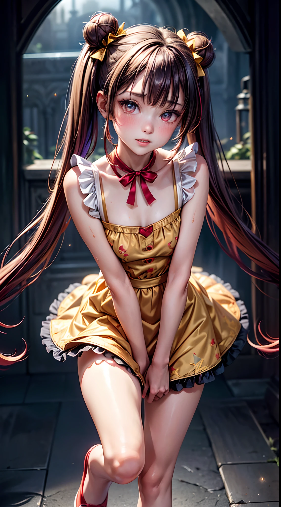 (fullbody, legs and shoes visible: 1.2)) expressive eyes, woman, pale skin, long hair, windblown hair, ((long hair)), long sidelocks, hime bangs, hair fringe, hair bun, ((long twintails)), lush hair, red hair, blushing, full face blushing, big sparkling glowing yellow eyes, (gradient eyes, cheekbones), open mouth smile, cute pose,
flowy flaming dress, ((gold multicolored open dress)), (mist), orange ruffles, yellow frills, (light red lace), detached short sleeves, puffy skirt, ((fire and stars print skirt : 1.3)), lolita skirt, dark red bows, ((pompon ribbons hair ornament : 1.4)), multiple bows, striped lace stockings, (heart shaped leg garter), cute (dark orange) shoes ((hyperdetailed clothing and fashion)) looking at you, vintage girl, blushing, (beautiful detailed eyes), (extremely detailed CG unity 8k wallpaper) (best shadow), ((an extremely delicate and beautiful)), (detailed light), ((depth of field)) big head, big sparkling eyes, moe, splash art, cinematic lighting, frontal view, volumetric lighting maximalist photo illustration 64k resolution high res intricately detailed complex key visual precise linear 
((in the dark palace background, surrounded by expensive decor, shooting stars)) ((hyperdetailed scenery, foggy, darkness : 1.3))