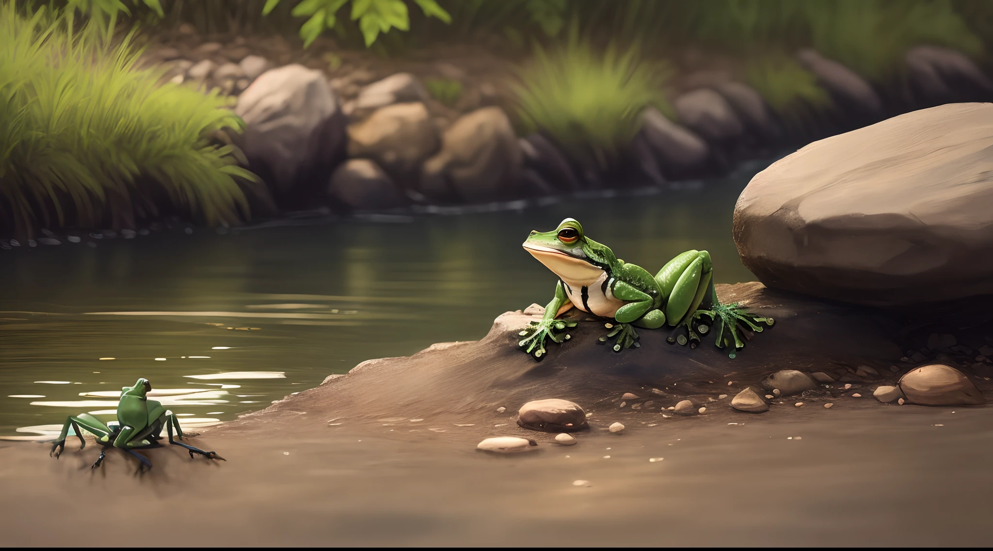 Frog on the riverbank next to a scorpion