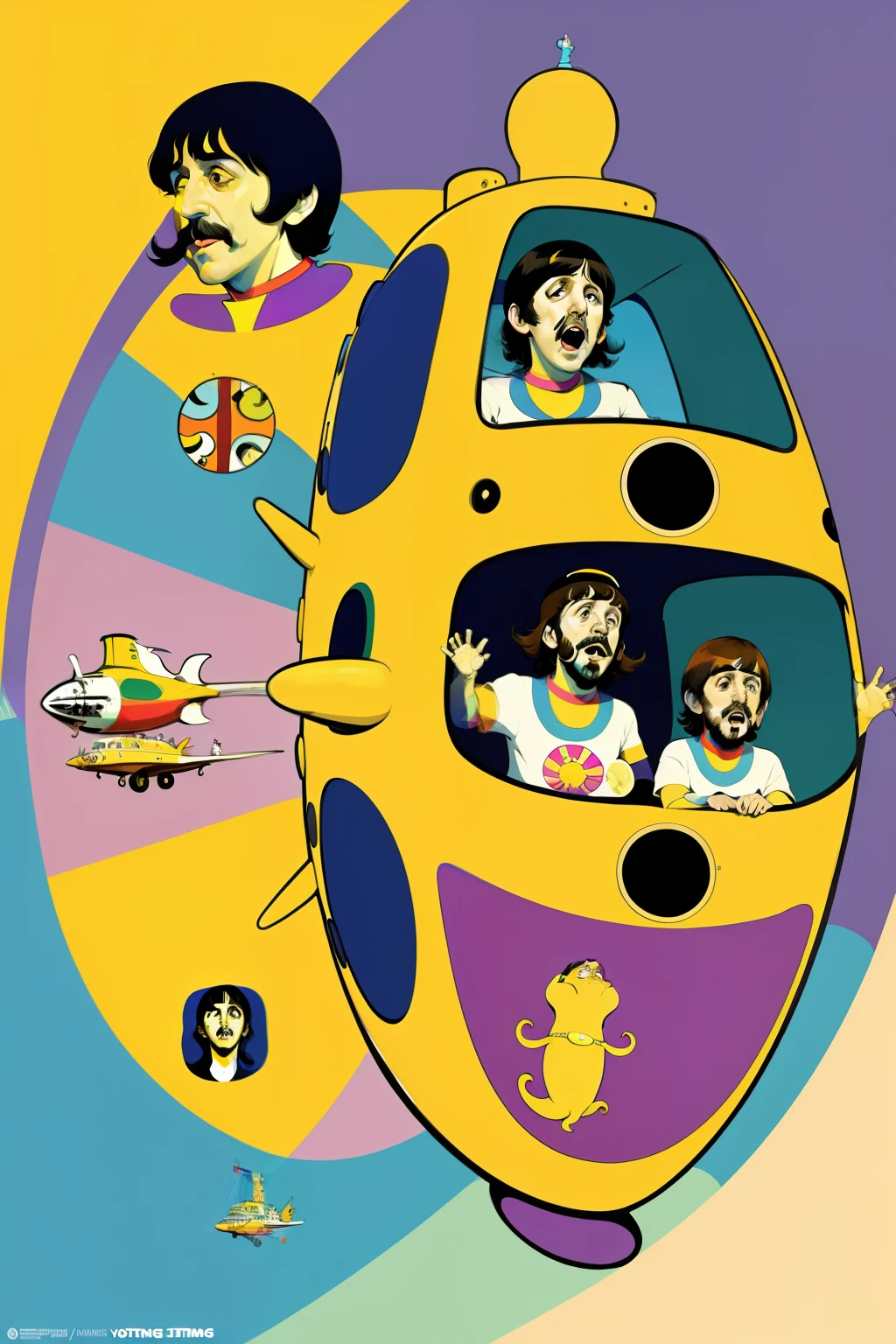 The Beatles On a yellow submarine, concept art, 4k, in the style of peter max