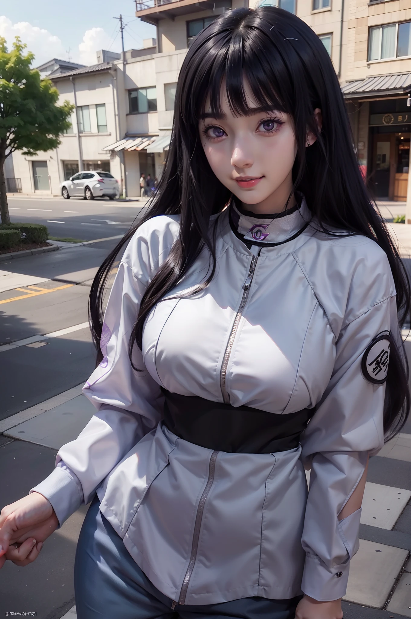 1girl, hyuga hinata in anime naruto, long hair, black hair, white eyes, smile, beautiful, purple clothes, very big breast, realistic clothes, detail clothes, outdoor background, ultra detail, realistic