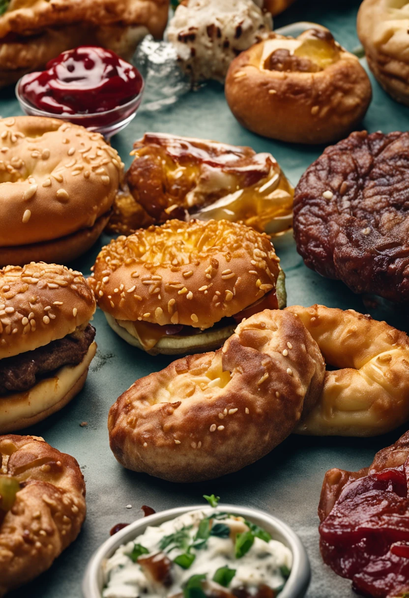 Sony Alpha a7R IV Food photography style, ( hamburguer) macro lens, close-up shot 50mm f/1.4 --no camera --uplight --ar 16:9