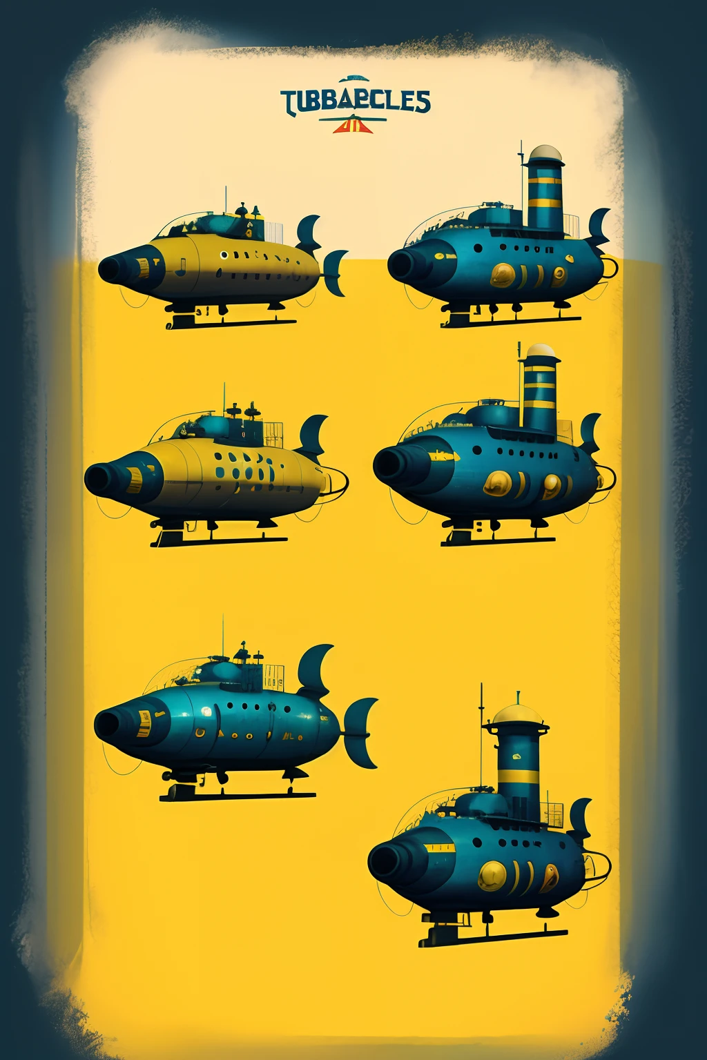 there are four different types of submarines on a yellow background, blue submarine no 6, steampunk submarine!, blue submarine no. 6, submarine, giant submarine, bioshock pop art style, blimps, by Bob Ringwood, by Artur Tarnowski, inspired by Chris Foss, floating vehicles, bioshock pop art, dan mcpharlin