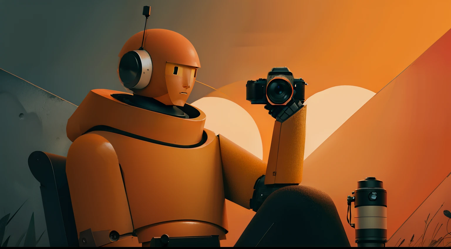 robot holding a camera, warm colors