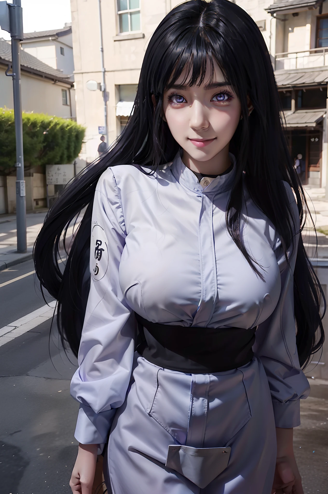 1girl, hyuga hinata in anime naruto, long hair, black hair, white eyes, smile, beautiful, purple clothes, very big breast, realistic clothes, detail clothes, outdoor background, ultra detail, realistic