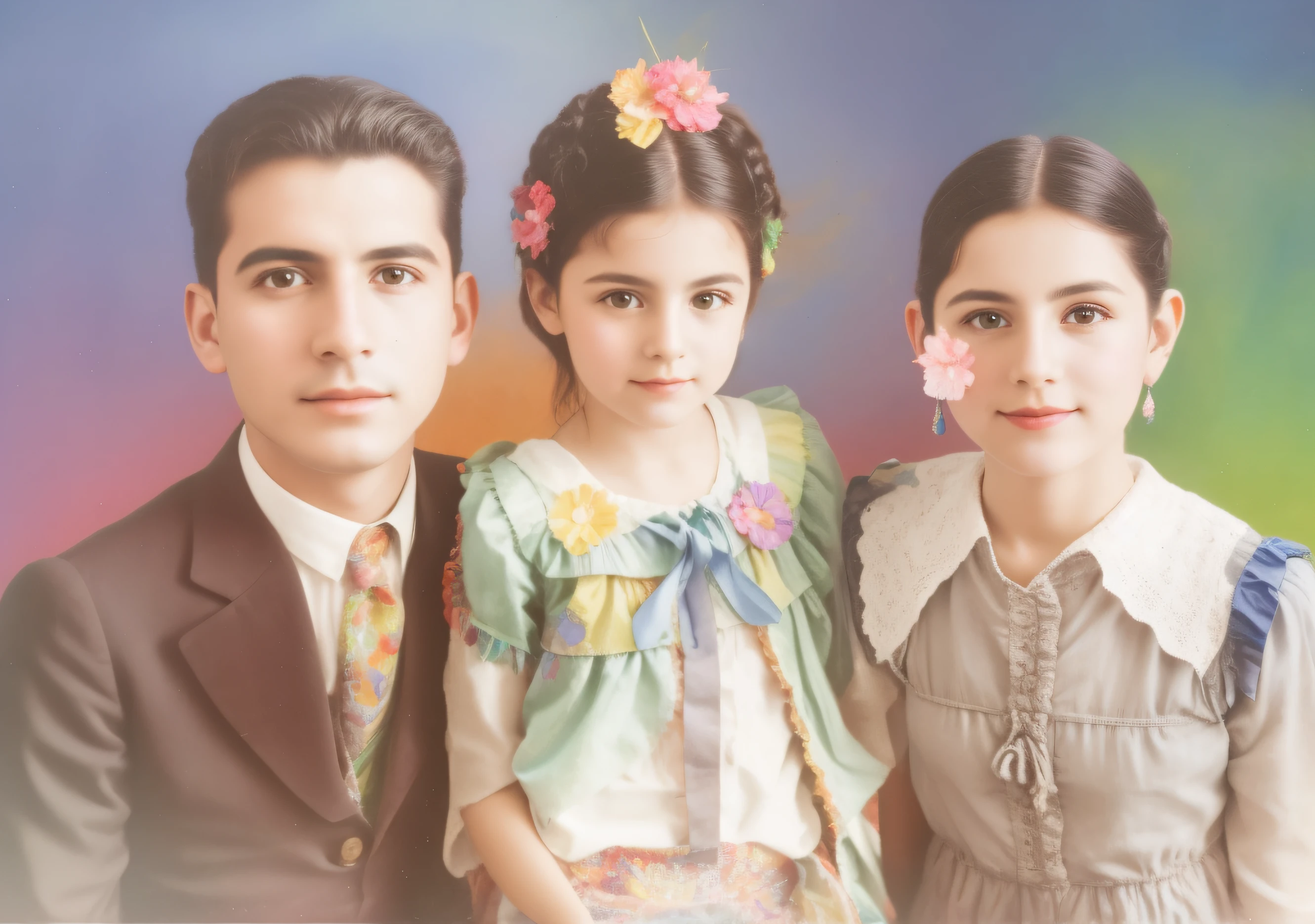 there are three people that are posing for a picture together, Una foto coloreada, fondo coloreado, Foto coloreada, collage digital, Psychedelic coloring, coloreado, colorized photograph, coloreado 1 9 0 4 foto, por Lucia Peka, inspirado en Francisco Oller, inspired by Anna Füssli, foto restaurada, coloreado, Digital restoration, many years gone