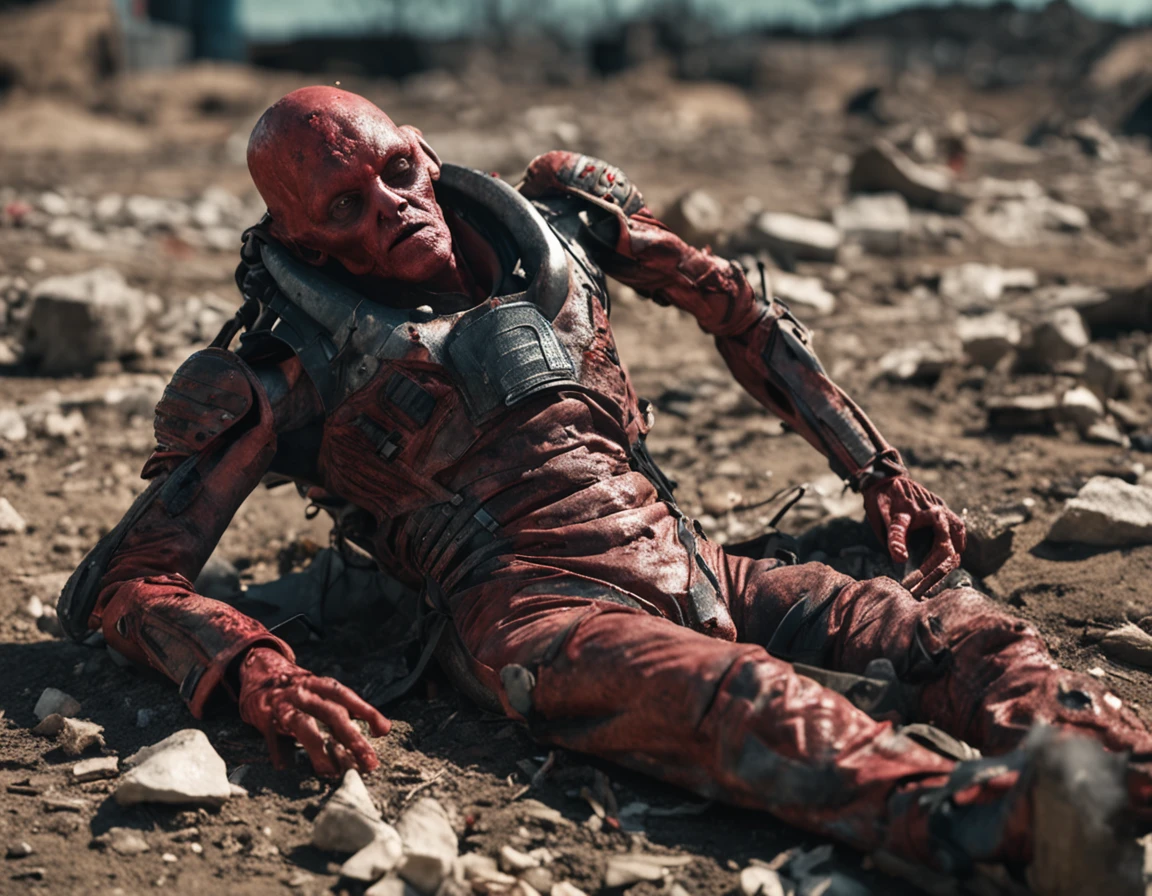 A humanoid alien man with red skin lying on the ground in a war scenario. The ground is full of rubble and he is badly bruised. He's lying on the ground with a lot of rubble. There was an explosion and he's injured. The clothes are torn.