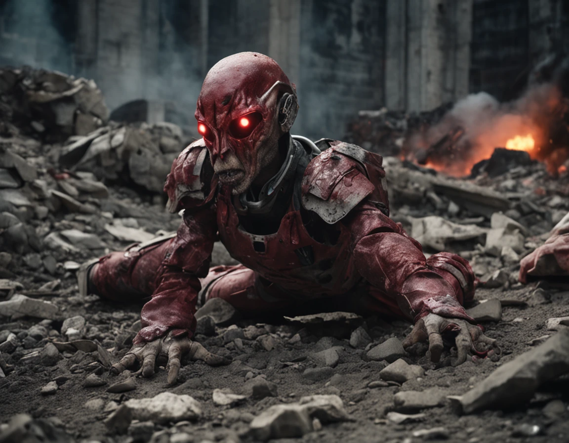 A humanoid alien man with red skin lying on the ground in a war scenario. The ground is full of rubble and he is badly bruised. He's lying on the ground with a lot of rubble. There was an explosion and he's injured. The clothes are torn.