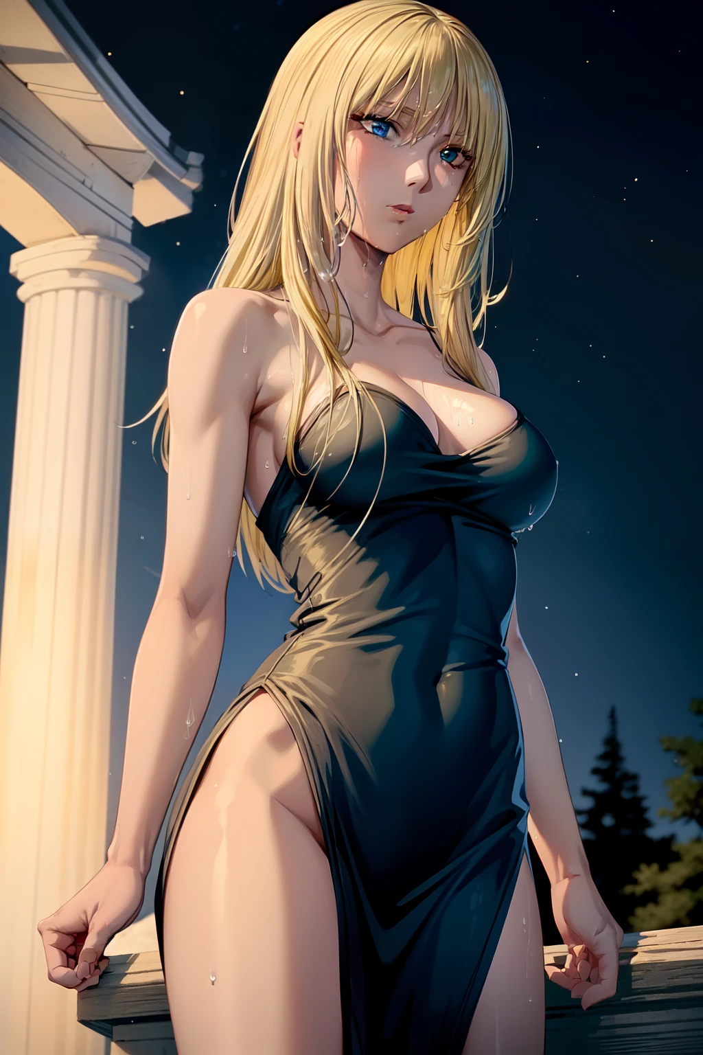 blue/brown eyes,best quality, masterpiece, 1girl, solo, kanzakiurumi, mature female, medium breasts, slender body, blond, black dress, wet dress, night, star \(sky\), heterochromia, lake, park, blue/brown eyes, cowboy shot,