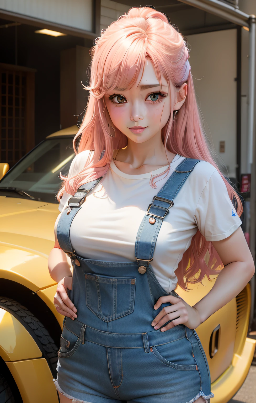 Woman engineer in overalls((qualidade superior、8k、obra prima:1.4))、Esbian de corpo inteiro、Foco Claro:1.2、Excelente Estilo:1.4、masuter piece、(Realismo: 1.4)、(Fotorrealista:1.5)、
realisitic、realista、FOTO CRU、face hiperdetalhada(Tie your pink golden hair back、Beautiful Japan gal face、sorriso provocante、The nose is smeared with oil、fundo hiper detalhado(sky-blue、Car under repair、)、Figurinos ultradetalhados(denim jumpsuit(、vindima、Estilo shorts)、Camiseta curta、、fora dos ombros)、corpo detalhado(seios grandes e cheios、Coxas carnais、quadris grandes)、pele detalhada、dinamic poses、um alto、covered in oil、Tenha as ferramentas