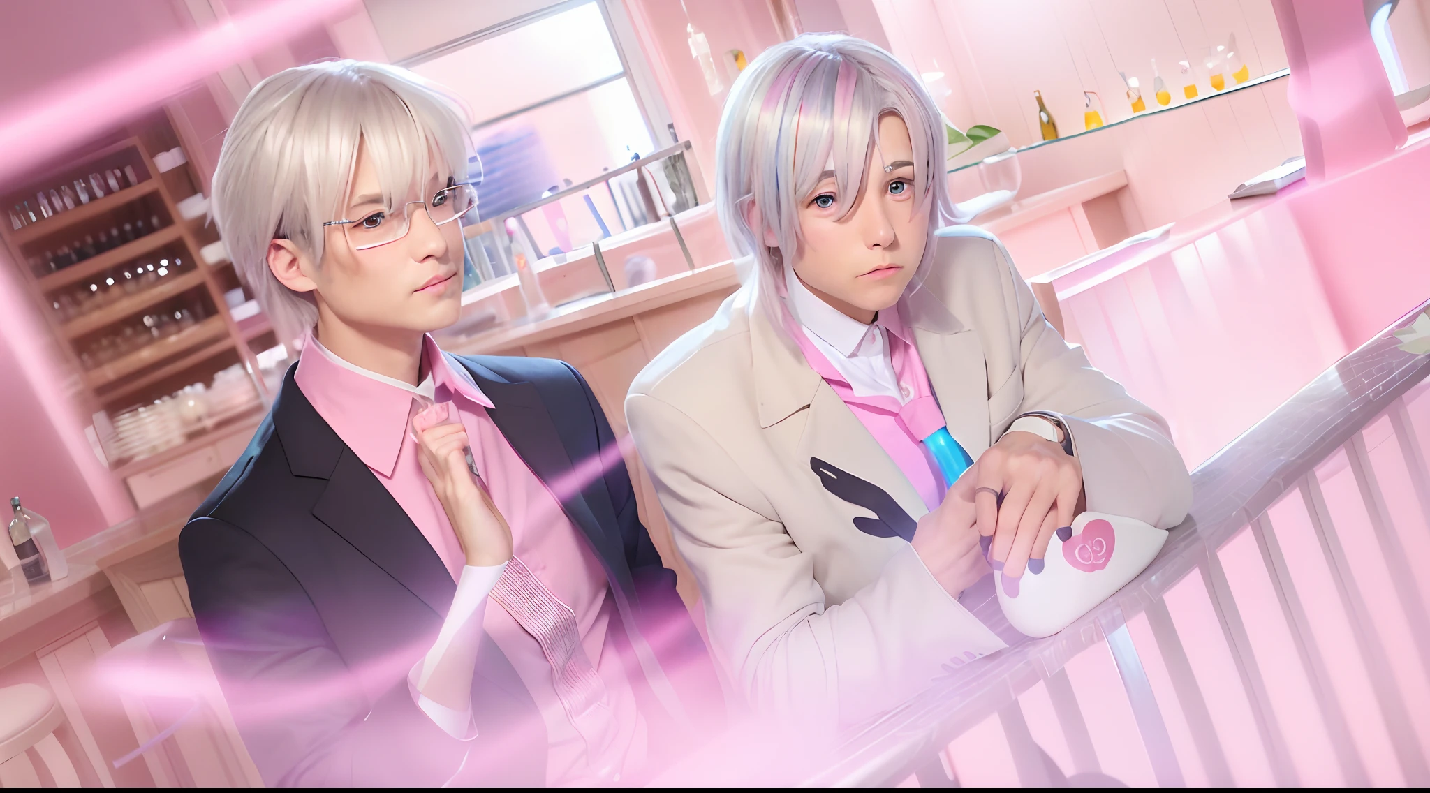 изуальный элемент Visual Novel, drink their hearts, sitting at the bar,made with anime painter studio, silver haired ,pink in a man, Vase with a rose, toy train, 80's, pin art in background, A bottle of wine in hand, Pink colors, Pink background
