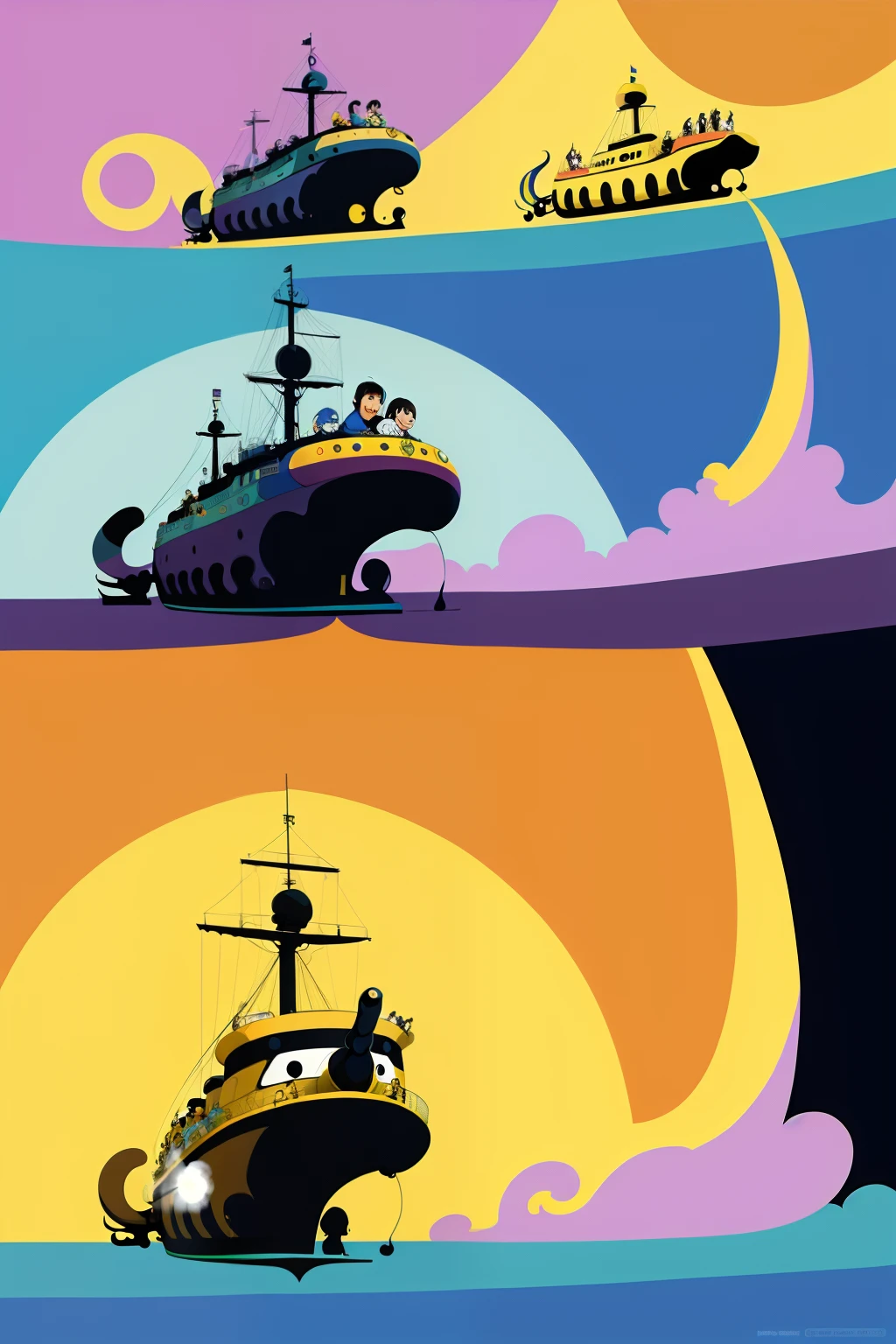 The Beatles On a yellow submarine, concept art, 4k, in the style of peter max