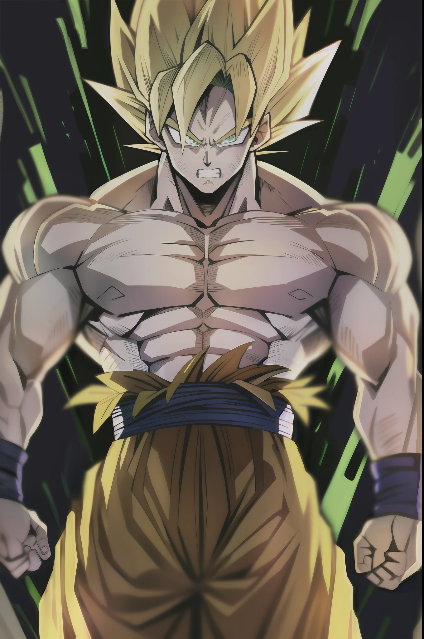 son goku, 1boy, angry, battle damage, blonde hair, blue sash, clenched teeth, furious, green eyes, male focus, muscular, muscular male, pectorals, sash, solo, spiked hair, super saiyan, super saiyan 1, teeth, topless male, torn clothes, wristband, ((masterpiece))