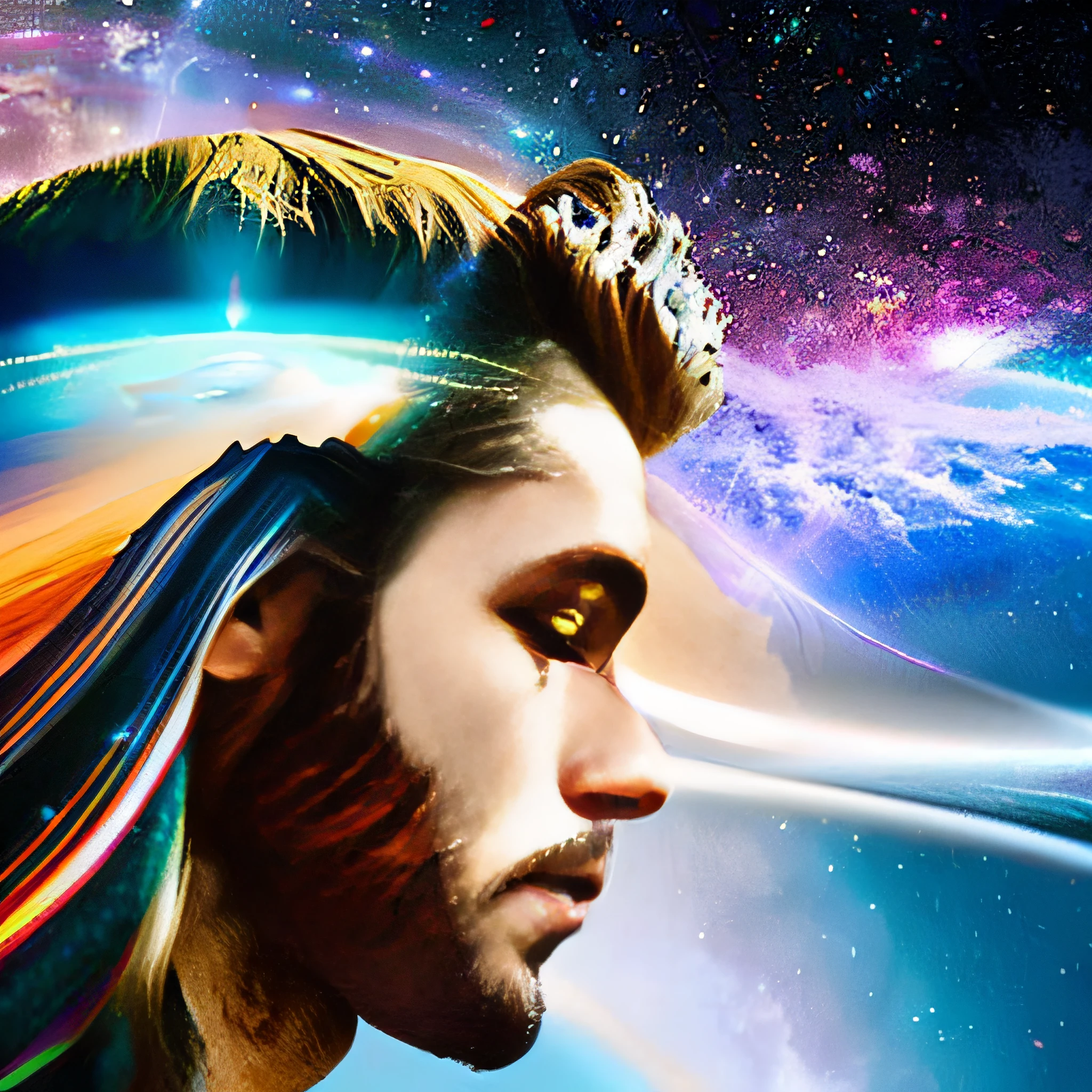 dblxp profile of a young man with endless long extra long wavy hair blown in the wind made out of a galaxy and nebula mist and planets, in the background landscape