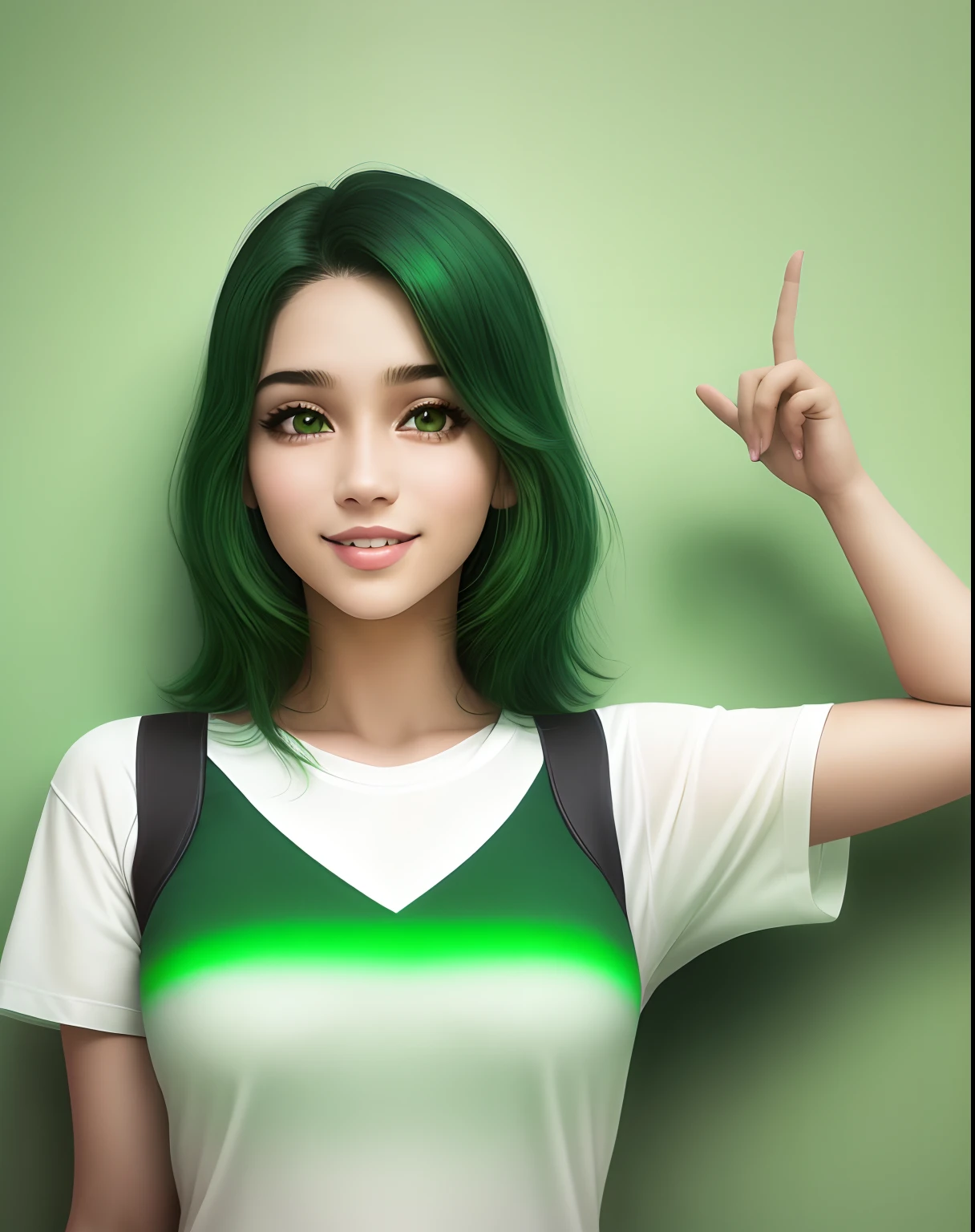 1joven mujer, feliz, sonriendo con la boca abierta, pelo corto verde oscuro, ojos verdes, 16 years old, ((camiseta verde neon)), ((fondo blanco))