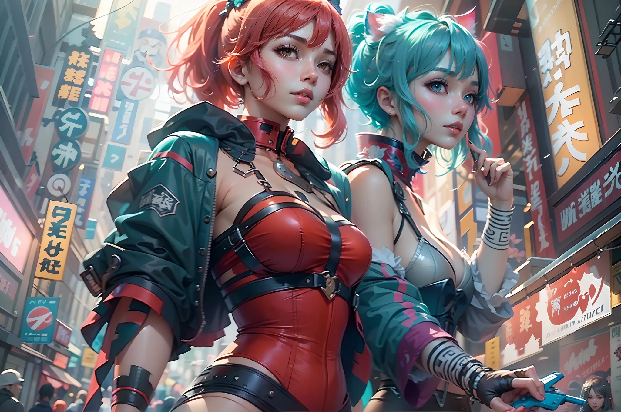 anime - style image of two women with pink and blue hair dressed in red and blue corset, posing in Akihabara for a foto shooting, Captured from worm's eye view, 4 meters distance to viewer, wlop and sakimichan, attractive cat girl, artwork in the style of guweiz, fantasy art style, 2. 5 d cgi anime fantasy artwork, fanart best artstation, by Yang J, trending on cgstation, wlop and ross tran, guweiz