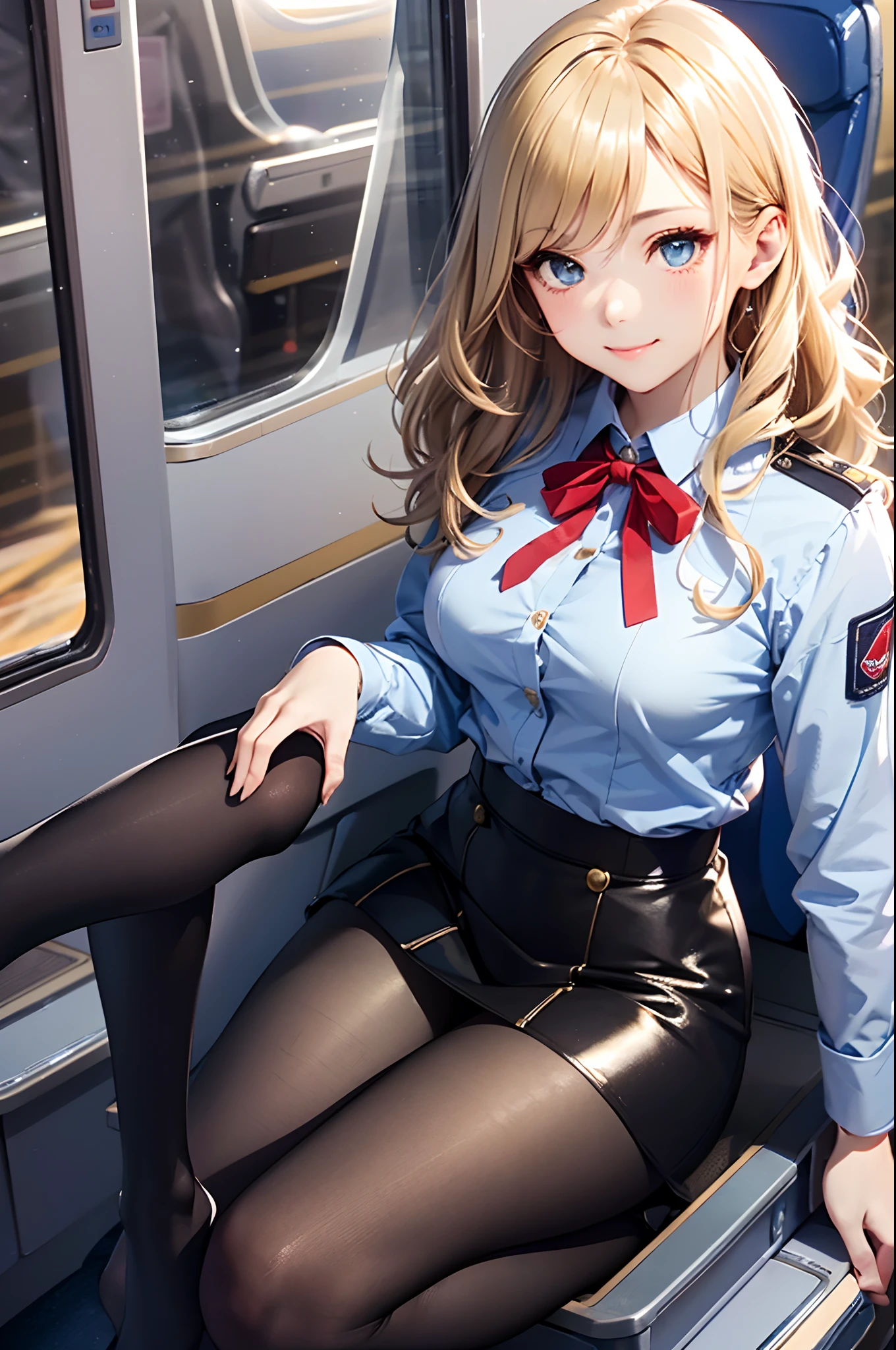 Create a 3D masterpiece packed with rich details. beautiful smile, female police officer, long-haired, wearing costume mini skirt open jacket without bra, beautiful breasts showing , sitting on a bus. 4K, surreal, realisitic