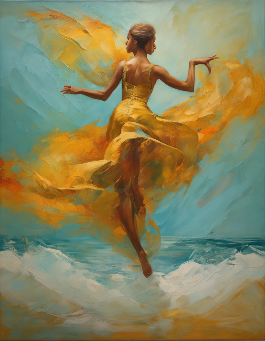 the dancer is flying through the air as a wave moves in front of her, in teal and blue style, photorealistic landscapes, kerem beyit, poetic elegance, surrealistic poses, ephraim moses lilien, uhd image