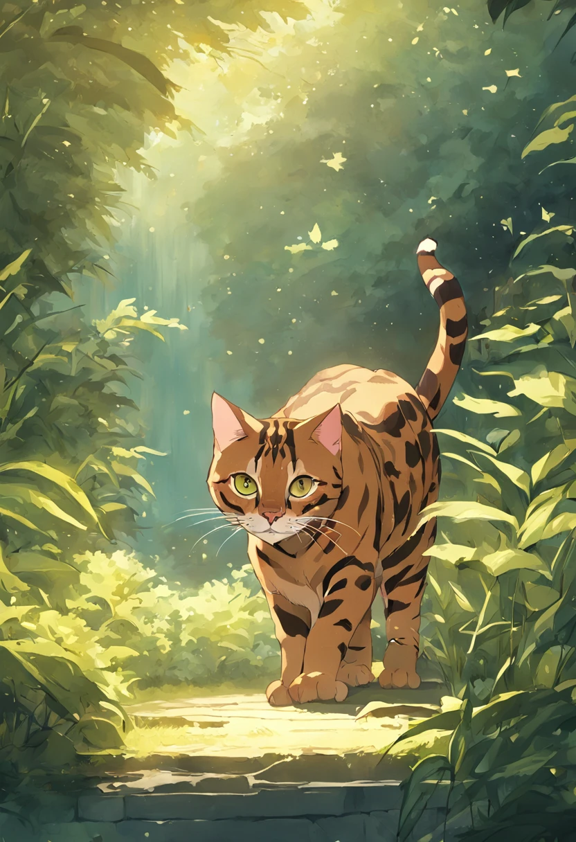 a bengal cat playing in the garden