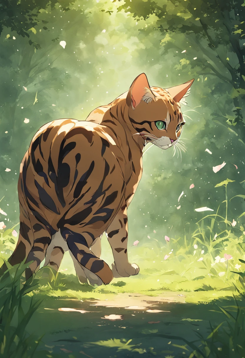 a bengal cat playing in the garden