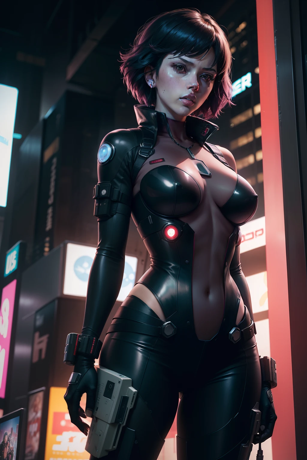 ((scarlett Johansson)), new york, time square, "Tomorrow's Watch" seems to be a reference to the movie "Ghost in the Shell", where the protagonist is Major Motoko Kusanagi. She is a cyborg with a human mind in an artificial body, working in Public Safety's special operations unit. Motoko is known for her skill in hacking and combat, while questioning her own identity and humanity. With her strength and intellect, she faces technological and philosophical threats in a cyberpunk future, exploring themes of identity, conscience and ethics in a world dominated by advanced technology. Major Motoko Kusanagi, a character from the "Ghost in the Shell" universe, has a distinctive and iconic appearance. She is depicted as a beautiful young woman of average height, with a strong, slender, athletic figure. Her hair is normally short and a deep black color, although in some adaptations it can vary in length. perfect face, her eyes are often highlighted as a focal point, as they can be cybernetically altered to vary in color, pattern, and functionality such as zoom or infrared vision. Her skin is pale, often creating a stark contrast to her black hair. Motoko is often seen wearing tactical attire or futuristic clothing, reflecting her role as a member of a highly advanced special operations unit. These suits typically include pieces of light armor and integrated technology for combat and infiltration, in high resolution, detailed, HD Quality.