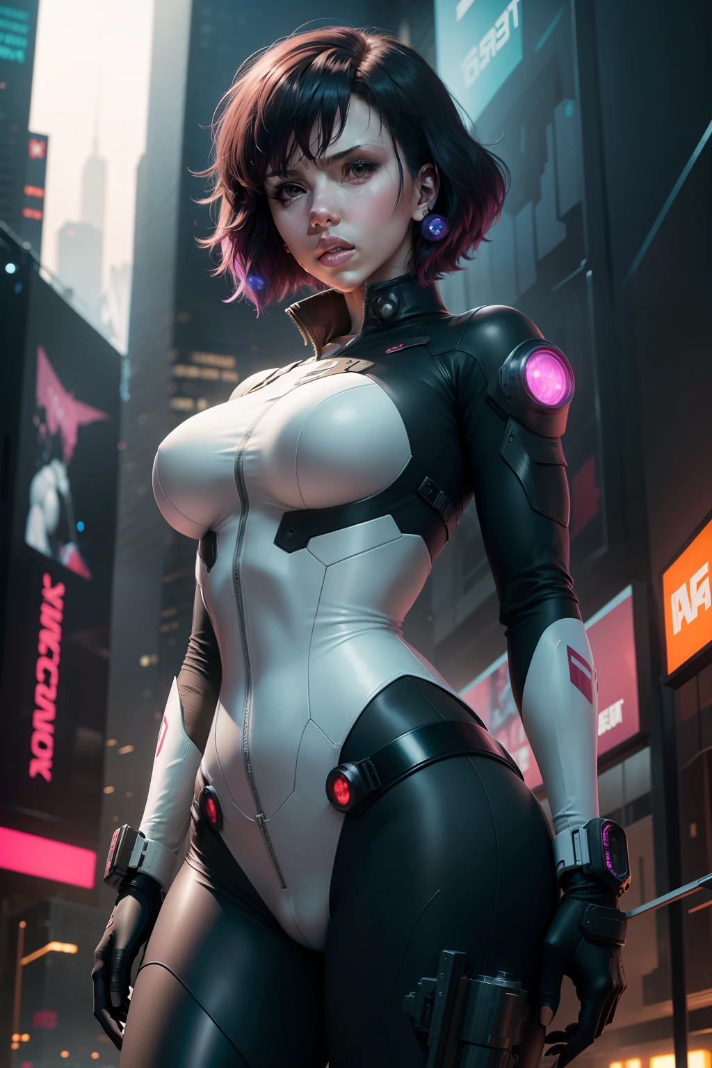 ((scarlett Johansson)), new york, time square, "Tomorrow's Watch" seems to be a reference to the movie "Ghost in the Shell", where the protagonist is Major Motoko Kusanagi. She is a cyborg with a human mind in an artificial body, working in Public Safety's special operations unit. Motoko is known for her skill in hacking and combat, while questioning her own identity and humanity. With her strength and intellect, she faces technological and philosophical threats in a cyberpunk future, exploring themes of identity, conscience and ethics in a world dominated by advanced technology. Major Motoko Kusanagi, a character from the "Ghost in the Shell" universe, has a distinctive and iconic appearance. She is depicted as a beautiful young woman of average height, with a strong, slender, athletic figure. Her hair is normally short and a deep black color, although in some adaptations it can vary in length. perfect face, her eyes are often highlighted as a focal point, as they can be cybernetically altered to vary in color, pattern, and functionality such as zoom or infrared vision. Her skin is pale, often creating a stark contrast to her black hair. Motoko is often seen wearing tactical attire or futuristic clothing, reflecting her role as a member of a highly advanced special operations unit. These suits typically include pieces of light armor and integrated technology for combat and infiltration, in high resolution, detailed, HD Quality.