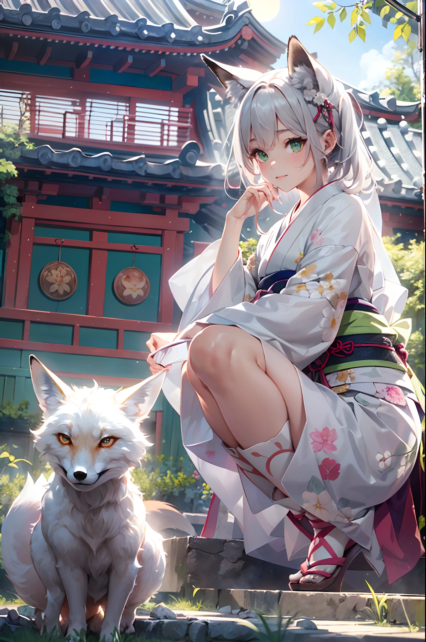 (Official art、Best Quality、Unity 8k Wallpapers、32K、masterpiece、ultra-detailliert、超A high resolution、realisitic、Photorealsitic:1.2)、(Cinematic lighting:1.2)、Fireglow effect、film grains、Best Shadows、Rim lighting、side lights、(Ultra-detailed and complex 3D rendering)、Detailed beautiful face and eyes、(Full body:1.2)、(sideshot、Looking up at the moon、Looking away:1.2)、(Mystical、moonlights)、Highly detailed background、beauitful face、blurry backround、(super detailed skin、detailed skin textures:1.3)、(Japan garden、Grow a lot of soot:1.2)、cowboy shot、Sit on the porch、One full moon in the sky、Moon、dumpling、shinny skin、Red torii gate、beauitful face、blurry backround、20-year-old beauty、shinny skin, (1The fox tail of the book grows:1.3)、Beautiful silver hair、short-hair、(poneyTail:1.2)、green colored eyes、Fox ears、hair adornments、Gentle smile、Curve、(Kimono:1.2)、a miniskirt、wearing kneesocks、thighs thighs thighs thighs、crouching down、