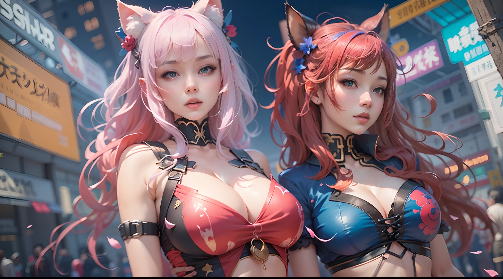 anime - style image of two women with pink and blue hair dressed in red and blue corset, posing in Akihabara for a foto shooting, Captured from worm's eye view, 4 meters distance to viewer, wlop and sakimichan, attractive cat girl, artwork in the style of guweiz, fantasy art style, 2. 5 d cgi anime fantasy artwork, fanart best artstation, by Yang J, trending on cgstation, wlop and ross tran, guweiz