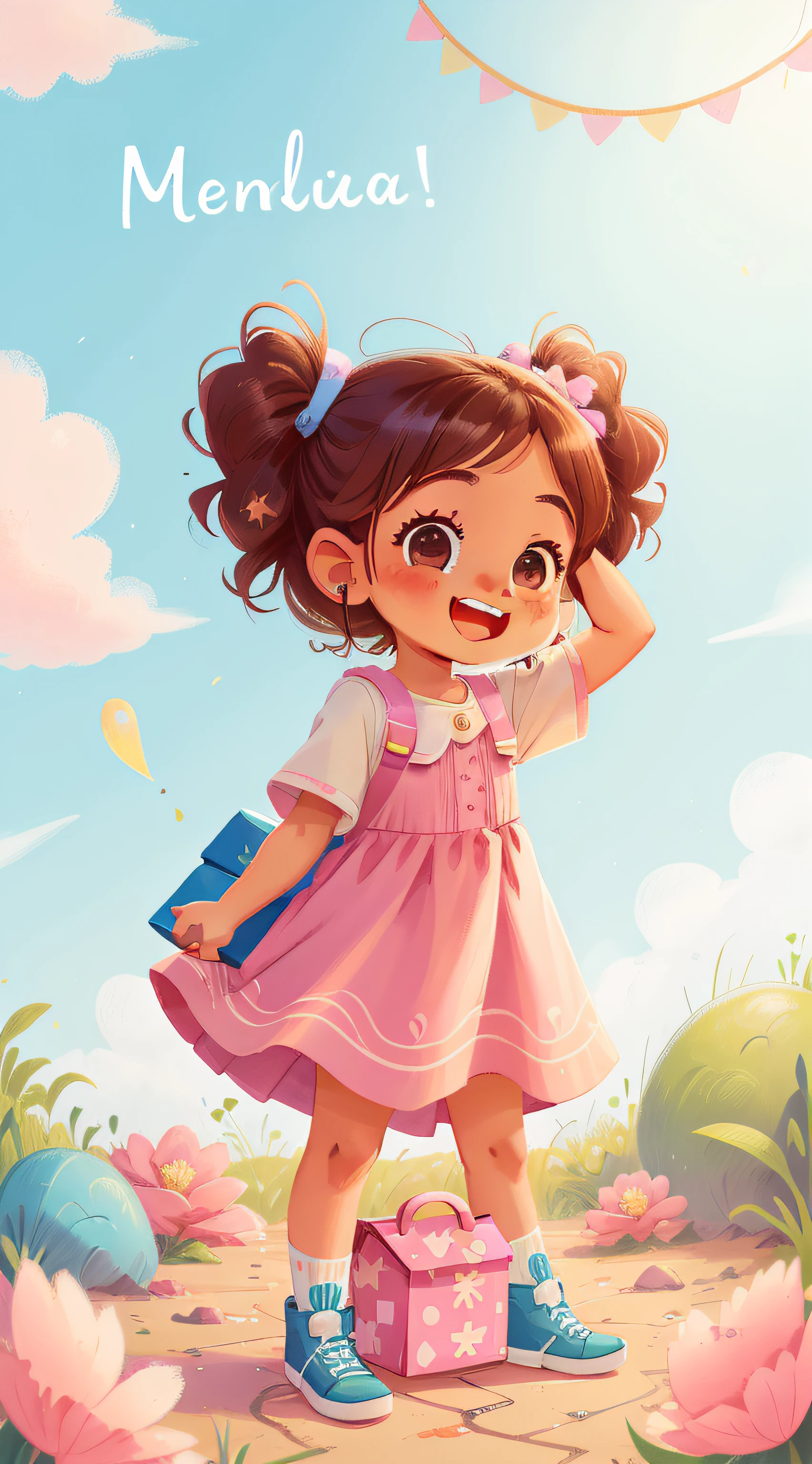 There's a little girl next to a pink box, um pastel por Ella Guru, pexels, acontecimento, Menina africana de pele clara, vestido azul gelado;, Princesa 'Kida' Kidagakash, she is smiling and excited, ela expressando alegria, sky - blue dress, she is smiling and happy, menina com cabelo azul