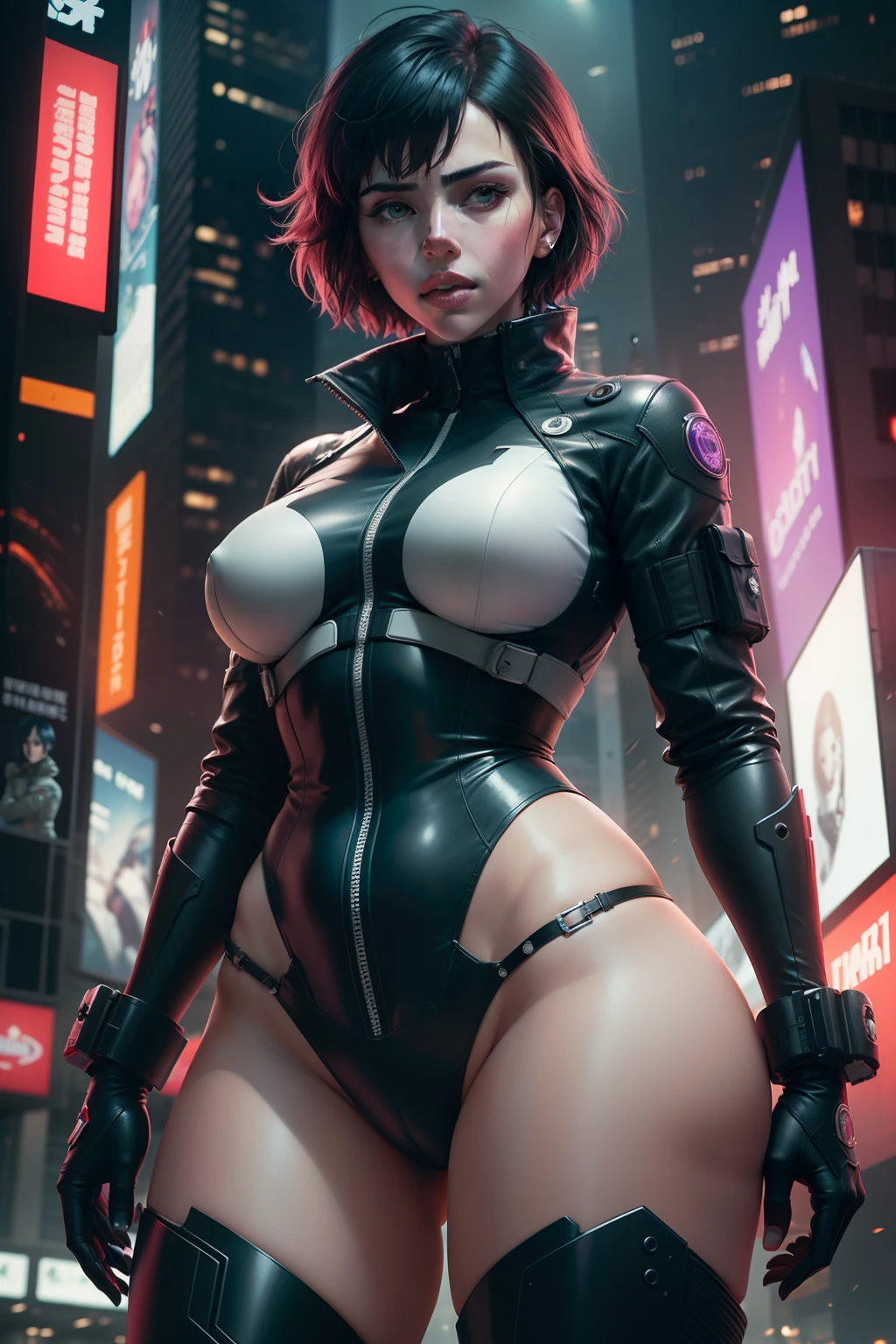 new york, time square, ((scarlett johansson)), "Tomorrow's Watcher" appears to be a reference to the movie "Ghost in the Shell", where the protagonist is Major Motoko Kusanagi. She is a cyborg with a human mind in an artificial body, working in Public Safety's special operations unit. Motoko is known for her skill in hacking and combat, while questioning her own identity and humanity. With her strength and intellect, she faces technological and philosophical threats in a cyberpunk future, exploring themes of identity, conscience and ethics in a world dominated by advanced technology. Major Motoko Kusanagi, a character from the "Ghost in the Shell" universe, has a distinctive and iconic appearance. She is depicted as a beautiful young woman of average height, with a strong, slender, athletic figure. Her hair is normally short and a deep black color, although in some adaptations it can vary in length. perfect face, her eyes are often highlighted as a focal point, as they can be cybernetically altered to vary in color, pattern, and functionality such as zoom or infrared vision. Her skin is pale, often creating a stark contrast to her black hair. Motoko is often seen wearing tactical attire or futuristic clothing, reflecting her role as a member of a highly advanced special operations unit. These suits typically include pieces of light armor and integrated technology for combat and infiltration, in high resolution, detailed, HD Quality.
