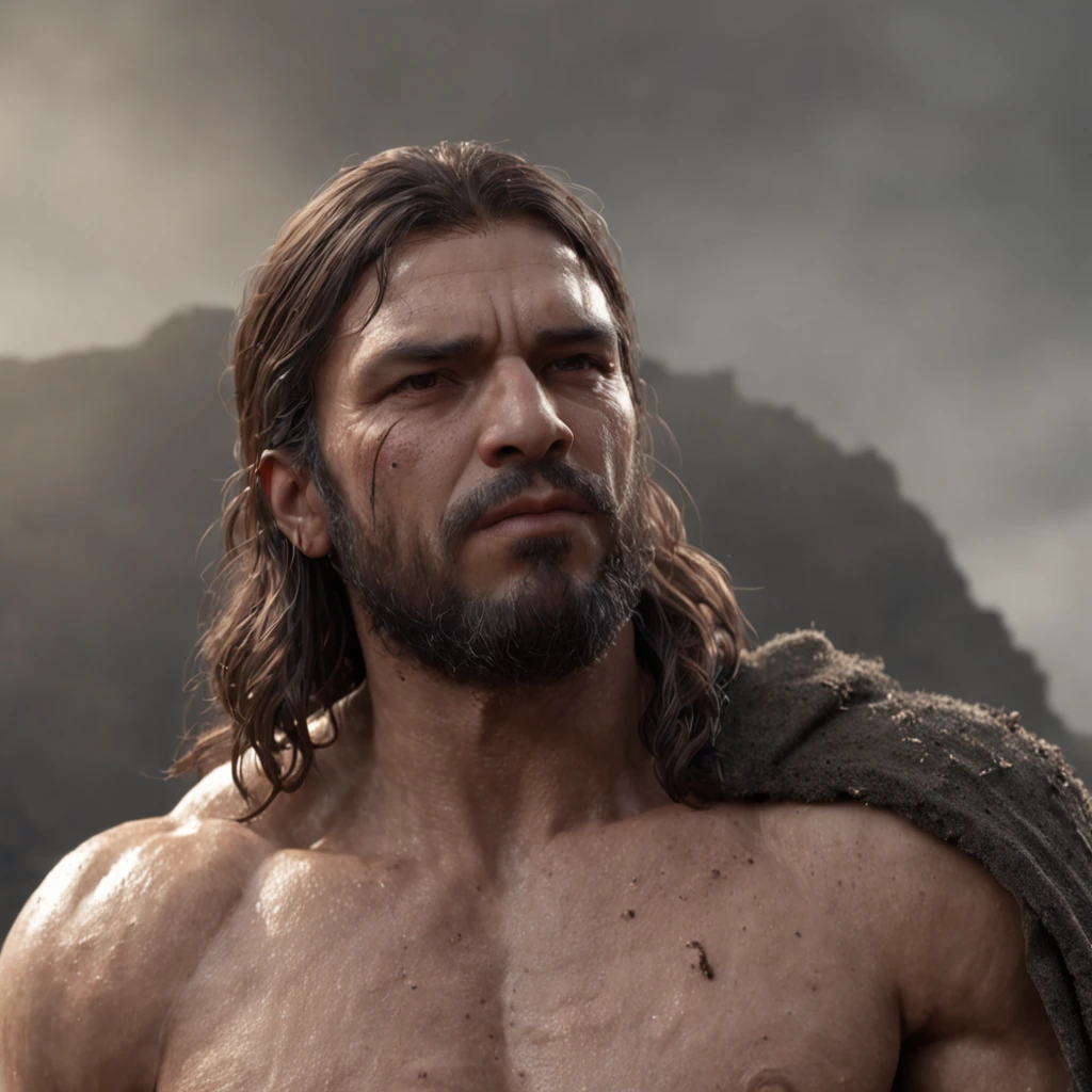 (Professional 3D rendering:1.3) de (Realistic:1.3) Foto de arte mais bonita do mundo，Features soft, bright male heroes, ((Epic hero fantasy rough muscular man wet hero angry look long hair short beard and fierce expression in dynamic pose, fantastic location, majestoso ambiente desordenado)), corpo inteiro 8k unidade render, action shot, poros da pele, very dark lighting, sombreamento pesado, circunstanciado, Rosto detalhado, (vibrante, fotogrdeia realista, Realistic, Dramatic, Escuro, foco nítido, 8k), (Old leather clothes damaged by bad weather:1.4), ((((Use peles)))), (intrincado:1.4), decadente, (altamente detalhado:1.4), pintura digital, rendering by octane, art stations, Conceito-Arte, liso, foco nítido, illustration, germe da arte, (Loish:0.23), Wlop Ilya Kuvshinov, e Greg Rutkowski e Alphonse Mucha Gracias, (global ilumination, studiolight, Light Volumetric), chuva forte, floating particles, patife, fantasia, Onze, corpo inteiroesbian, ((Fundo escuro e antigo da cidade:1.3)),CGSesociedade,art stations