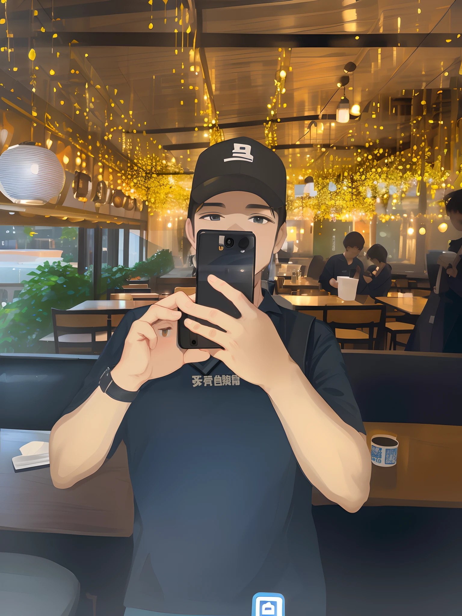 there is a man taking a picture of himself in a restaurant, reflection of phone in visor, reflection of iphone in visor, 8k selfie photograph, phone!! held up to visor, looking at his phone, he is holding a smartphone, standing in a restaurant, Highly Detailed Face and Skin Texture、((Best Quality, 8k, Masterpiece:1.3))),