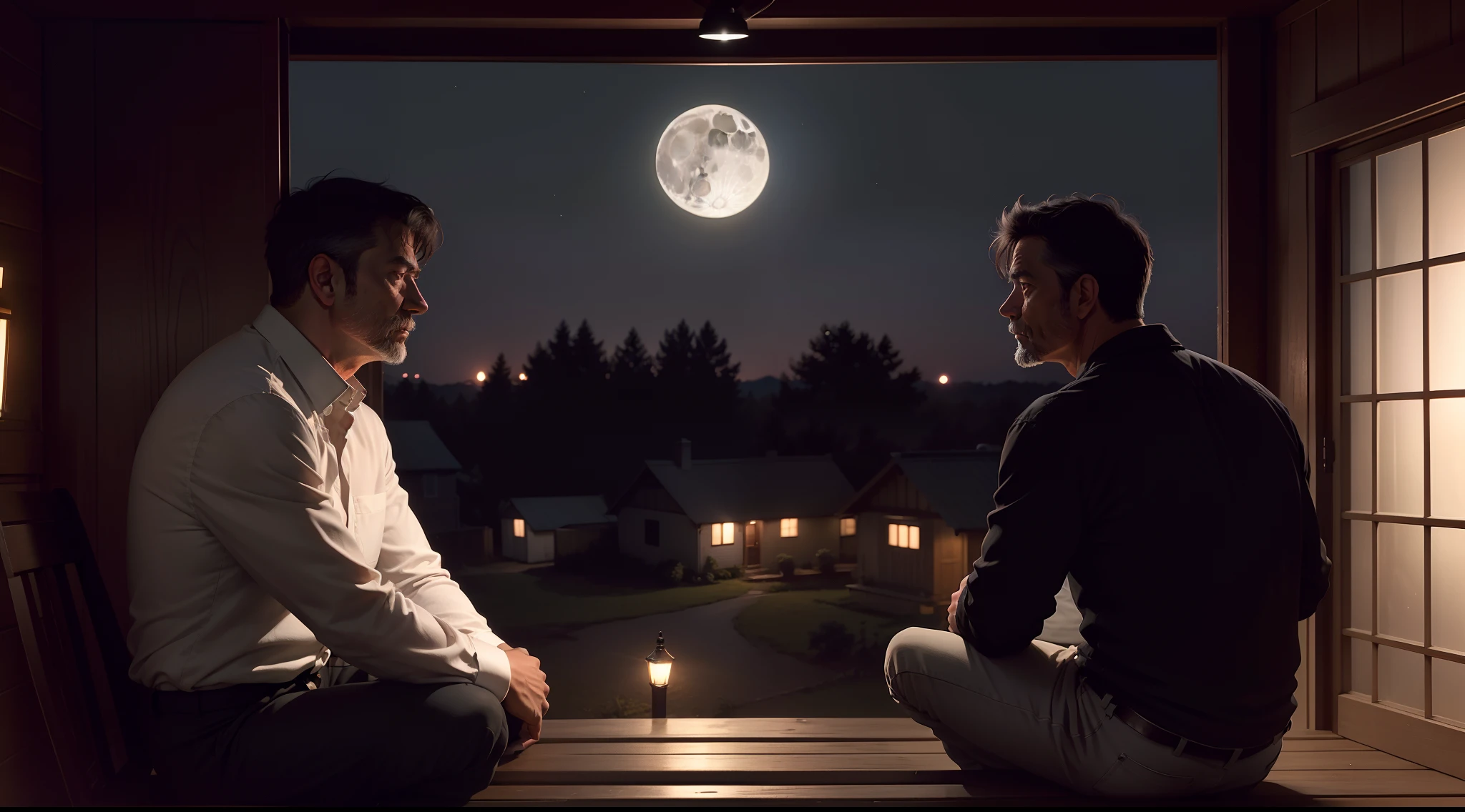 There's the silhouette, The figure of a 50-year-old man sitting alone at night on the porch of a simple house in the countryside looking at a big full moon. he is all alone. He's wearing a white button-down shirt., long sleeve and dark pants.