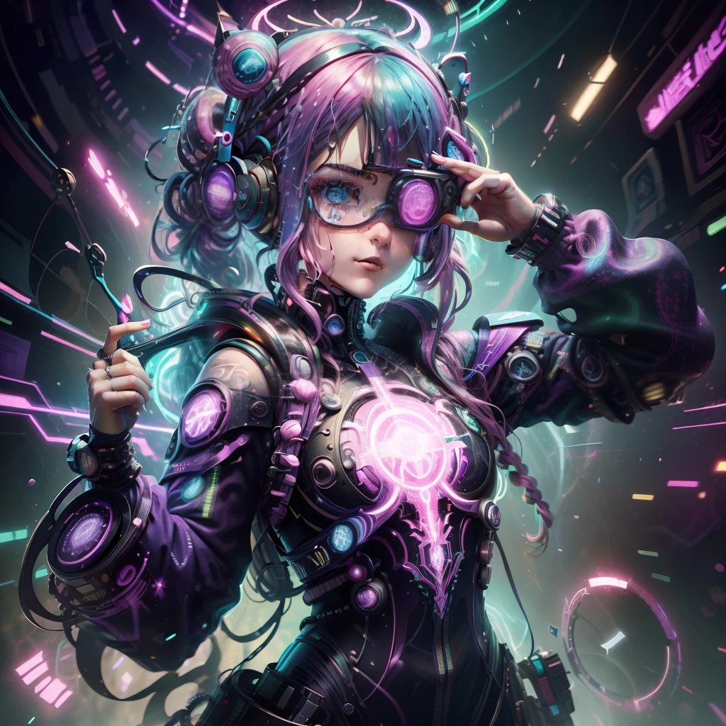 ((Cyberpunk)),optical camouflage、Virtual reality glasses、Neon light、cidade do futuro、Bright jumpsuit with pink color prints、(1girl em, sozinho:1.6),(sorriso bonito),(The clothes are complex with pink colored figures), (Melhor Impacto:1.5), (Maximalismo:1.7), Vivid contrast, (Realistic), Hyperrealistic illustrations, alta resolução, ultra-detalhada, Fotografia profissional, Absurdo,(Arte Fractal:1.3)、Hairstyle Random、Random colored hair color、tiro de corpo inteiro、retro、foco preciso、randome pose、cinema4d、Drama