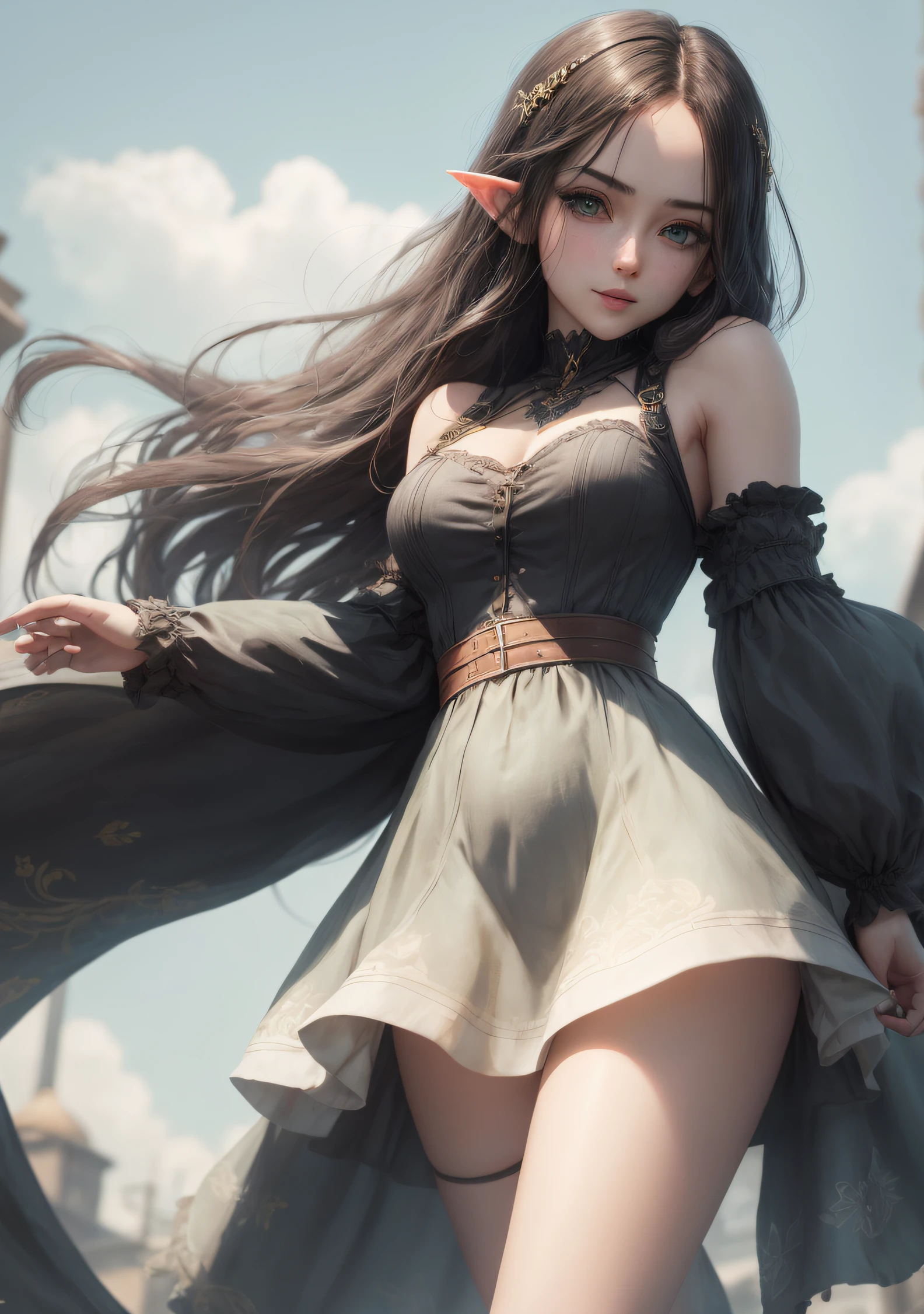 The girl stands and looks at the camera, black hair, She lifts her skirt with her hands, Upskirt, blue skies, Beautiful clear blue sky, Hairpins in the hair, skinny waist, Slender figure, Appearance of the model, confusion, sexuality, Beautiful ears, green colored eyes, People's casual clothes, pantyhouse, black tights, little chest, You can see the, Upskirt, Elf Girl, Sweet girl, attractive anime girl, beautiful anime girl, Cute beautiful anime woman, detailed digital anime art, beautiful anime girl, beautiful anime girl, Anime with small details, Best Quality, Masterpiece, Ultra-detailed, Beautiful, hight resolution, Original,CG 8K ультрареалистичный, perfect artwork, beatiful face, Face Clean, Skin, hyper realistic, Ultra Detailed, A detailed eye, dramatic lighting, (Realistic) Realistic, Full HD, Best Quality, Best Quality, Beautiful lighting, (8k wallpaper of extremely detailed CG unit), High Details, sharp-focus, The art of dramatic and photorealistic painting, beautiful smile,
