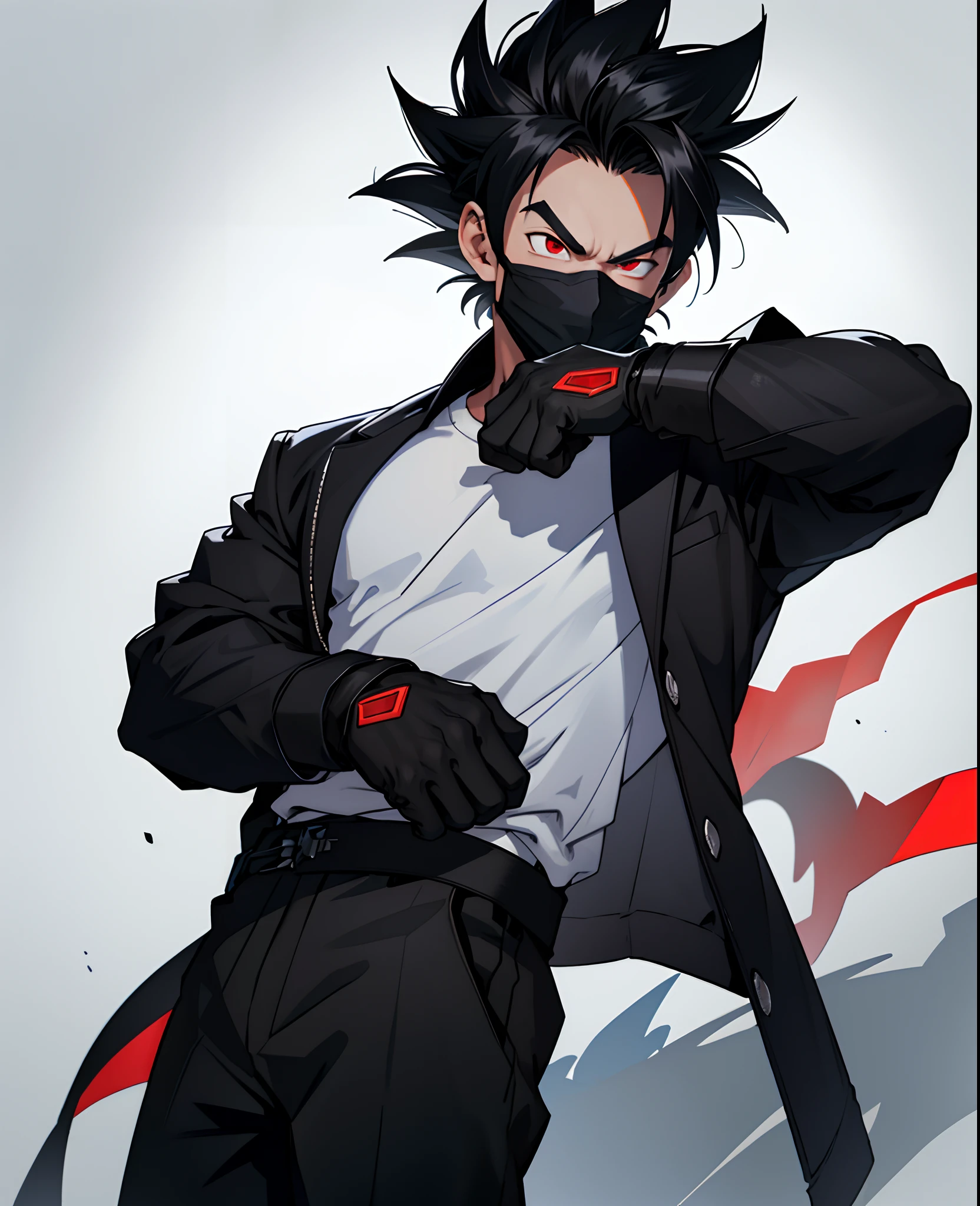 "(((masterpiece)))), best quality, ultra-detailed model, 8k CG unity photo, flawless lighting, quality shadows, a Dragon Ball boy, pushed back haircut , muscle , wearing a black jacket over a white t-shirt , black ClothMask , red eyes , in the night background , black gloves , black mask in his mouth , black jacket and white shirt