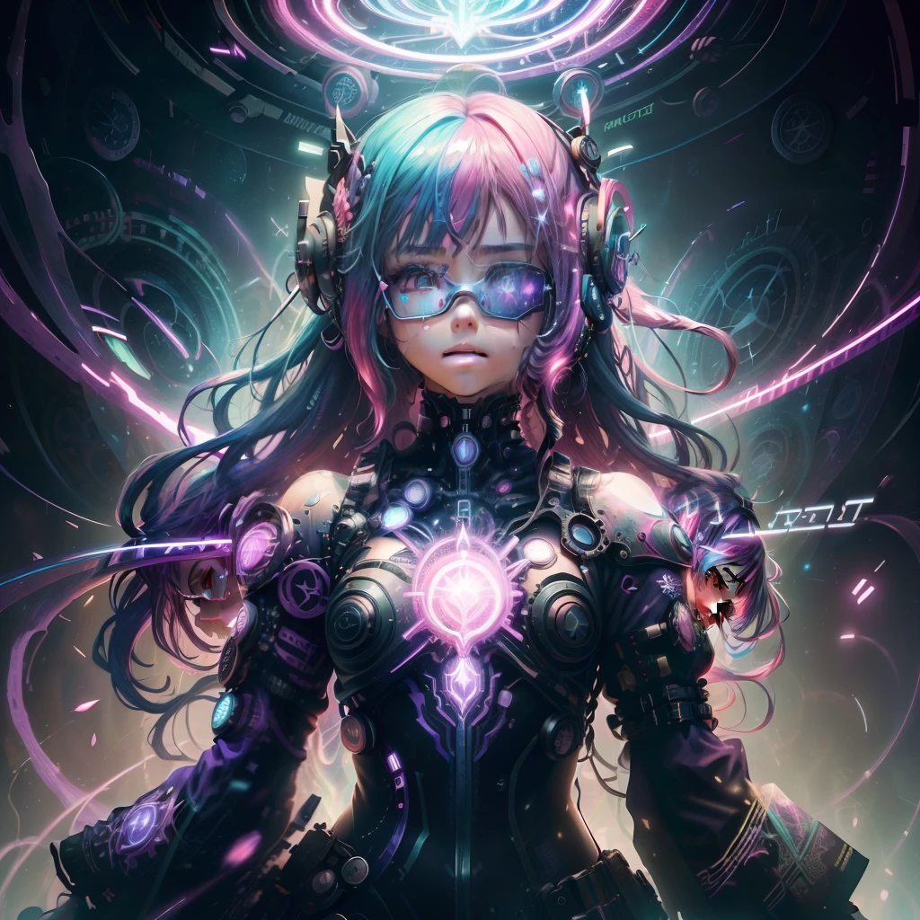 ((Cyberpunk)),optical camouflage、Virtual reality glasses、Neon light、cidade do futuro、Bright jumpsuit with pink color prints、(1girl em, sozinho:1.6),(sorriso bonito),(The clothes are complex with pink colored figures), (Melhor Impacto:1.5), (Maximalismo:1.7), Vivid contrast, (Realistic), Hyperrealistic illustrations, alta resolução, ultra-detalhada, Fotografia profissional, Absurdo,(Arte Fractal:1.3)、Hairstyle Random、Random colored hair color、tiro de corpo inteiro、retro、foco preciso、randome pose、cinema4d、Drama