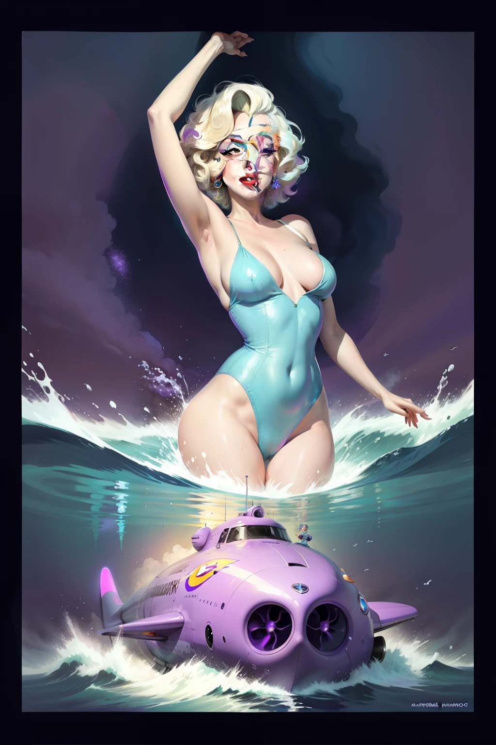Marilyn Monroe On a purple submarine, concept art, 4k, in the style of peter max