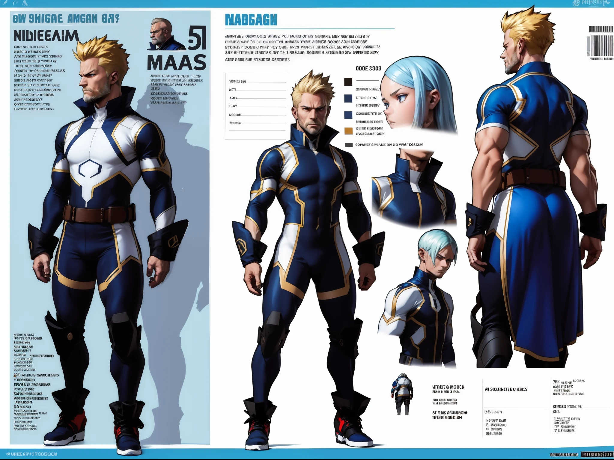 A detailed character sheet, frontal view, side view, three-quarter view, with a white background, depicting a man, 49 years old, very strong, mature, with short blond hair, small beard, fierce expression, and a scar on his face, wearing high-top boots and futuristic Scandinavian spaceship attire. The sheet includes various angles, such as frontal, back, and side views, as well as a model sheet and a reference sheet, all featuring a full-body representation. The proportions are based on a scale of 6 and a half heads.