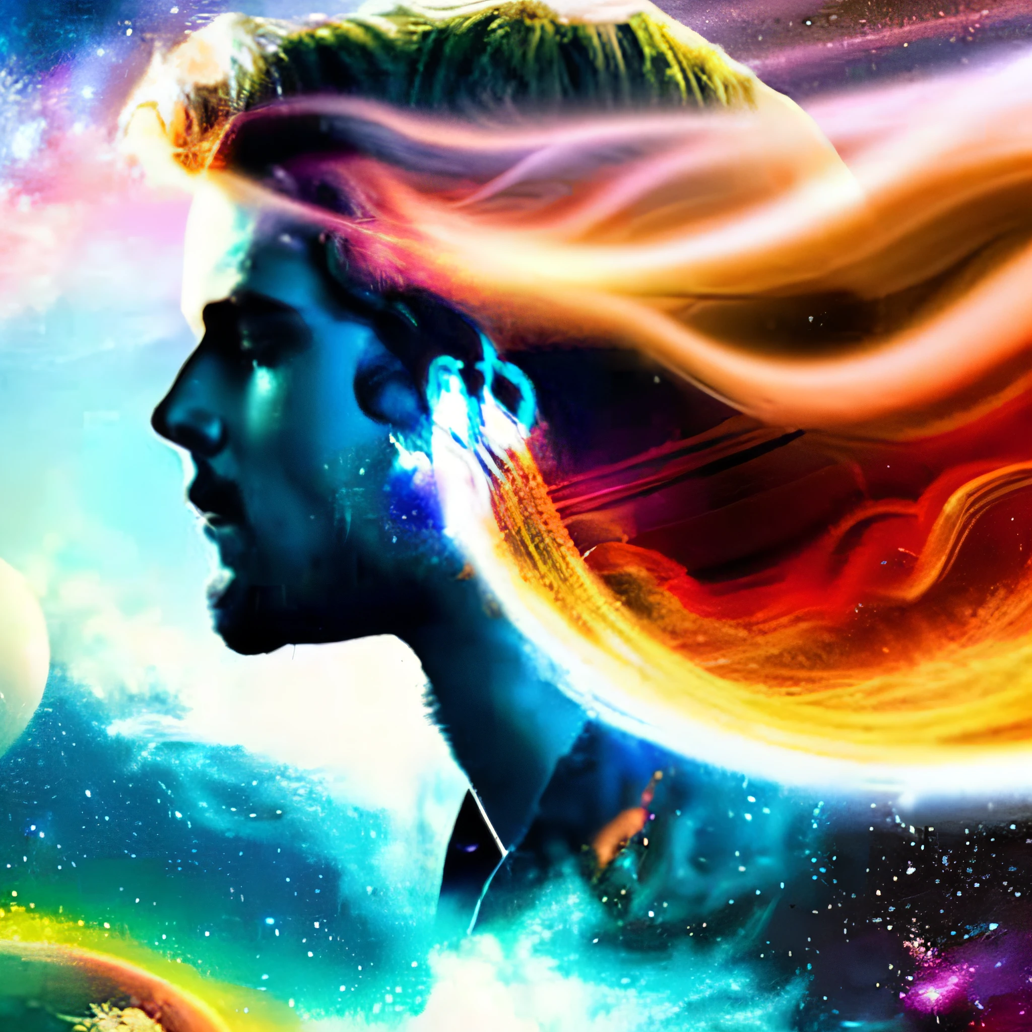 dblxp profile of a young man with endless long extra long wavy hair blown in the wind made out of a galaxy and nebula mist and planets, in the background landscape