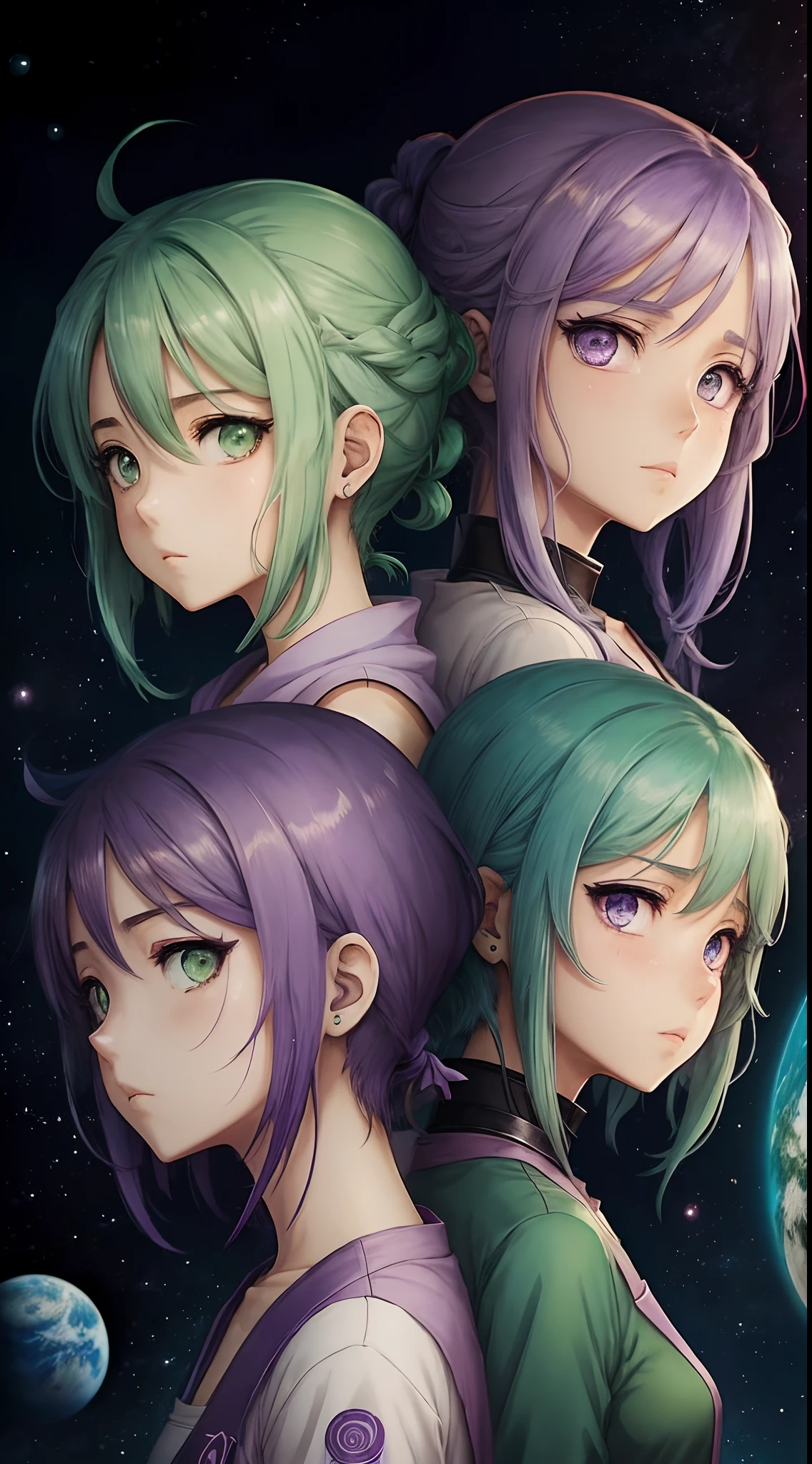 Animando, realidade x anime, planet in the hands of 2D girl with green and purple hair, olhos vermelhos --auto