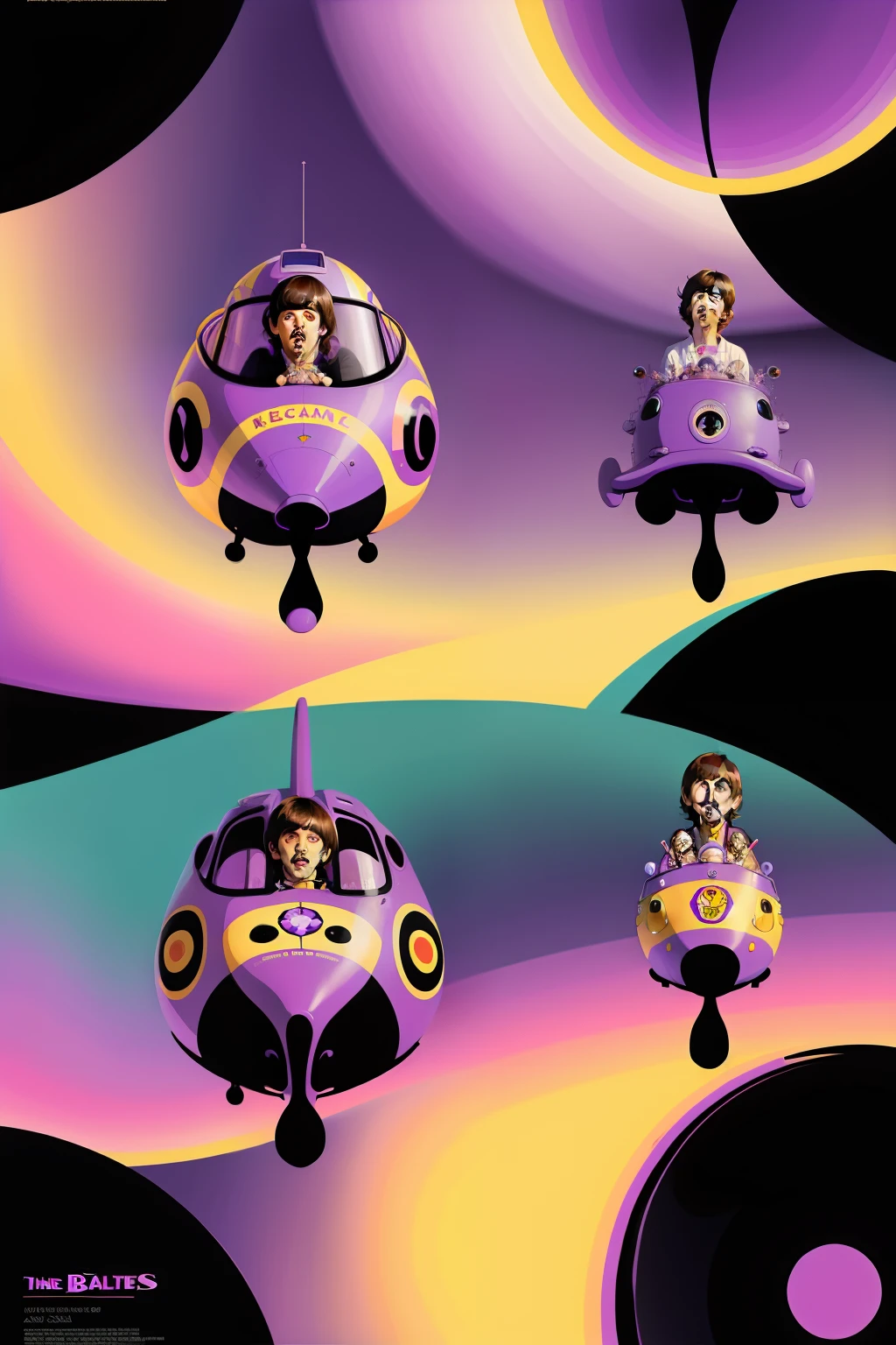 The Beatles On a purple submarine, concept art, 4k, in the style of peter max