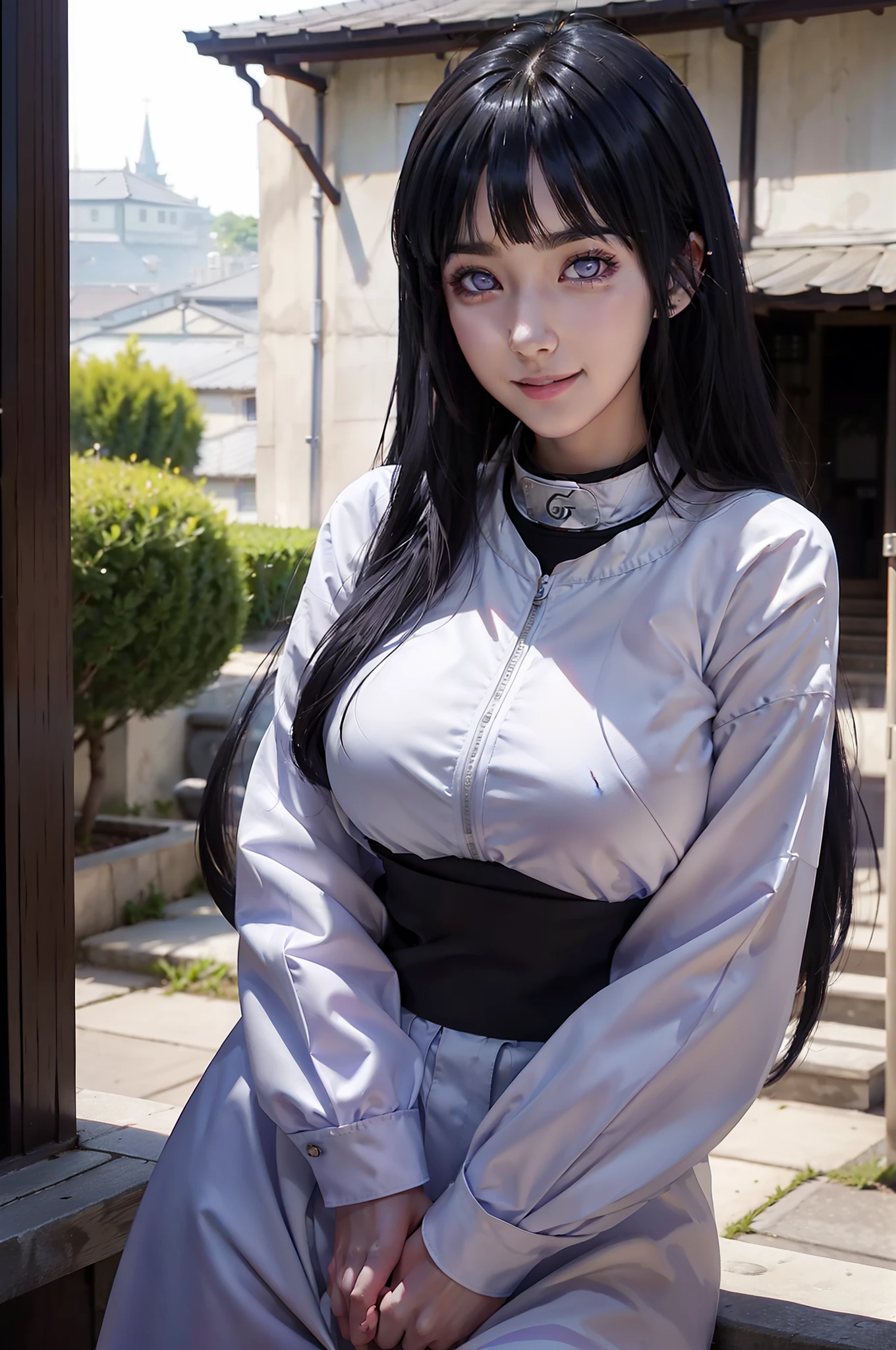 1girl, hyuga hinata in anime naruto, long hair, black hair, white eyes, smile, beautiful, purple clothes, very big breast, realistic clothes, detail clothes, outdoor background, ultra detail, realistic